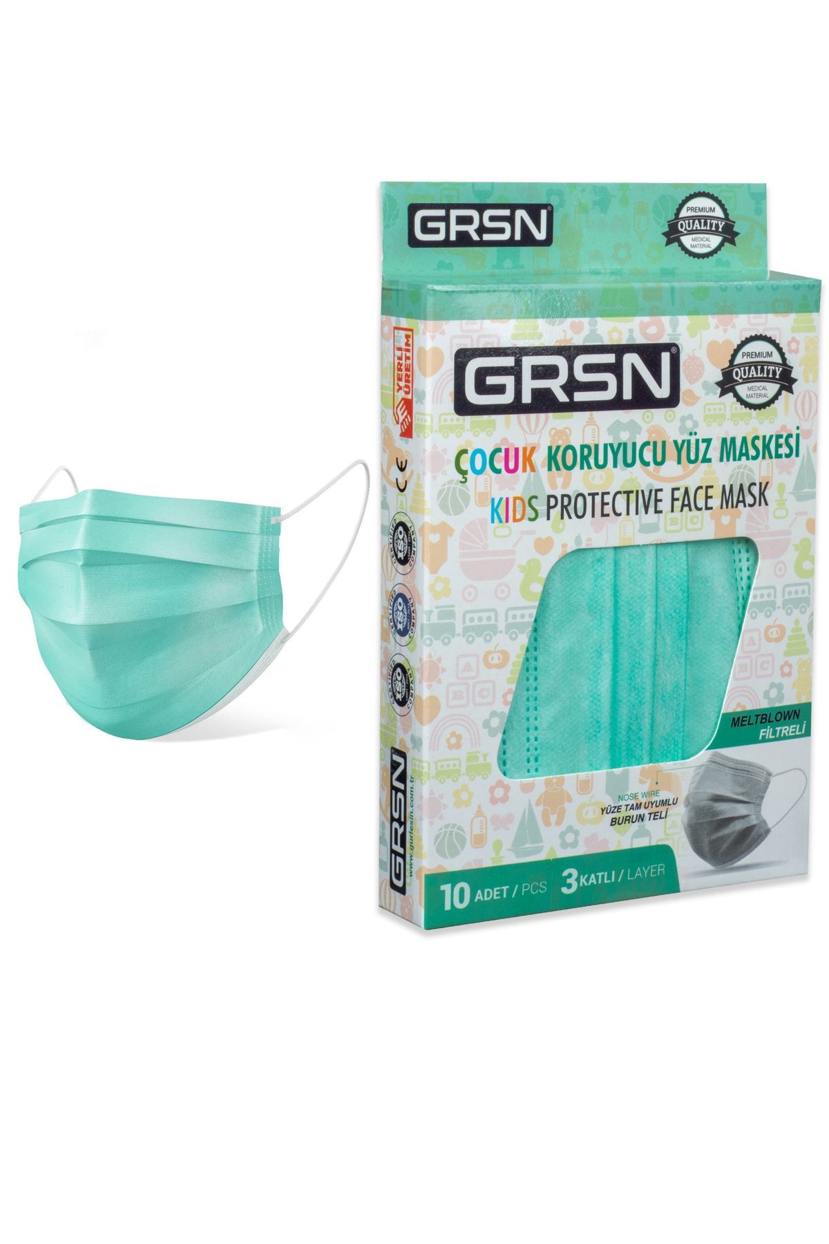 GRSN 100'lü Çocuk Mavi Meltblown Filtreli Koruyucu 3 Katlı 10x10 Kutulu Elastik Medikal Maske
