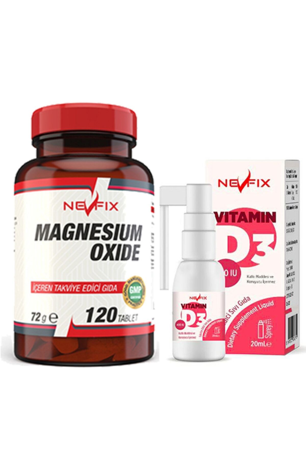 Nevfix Magnesium Oxide Magnezyum 250 Mg 120 Tablet & Vitamin D3 400 20 Ml Sprey