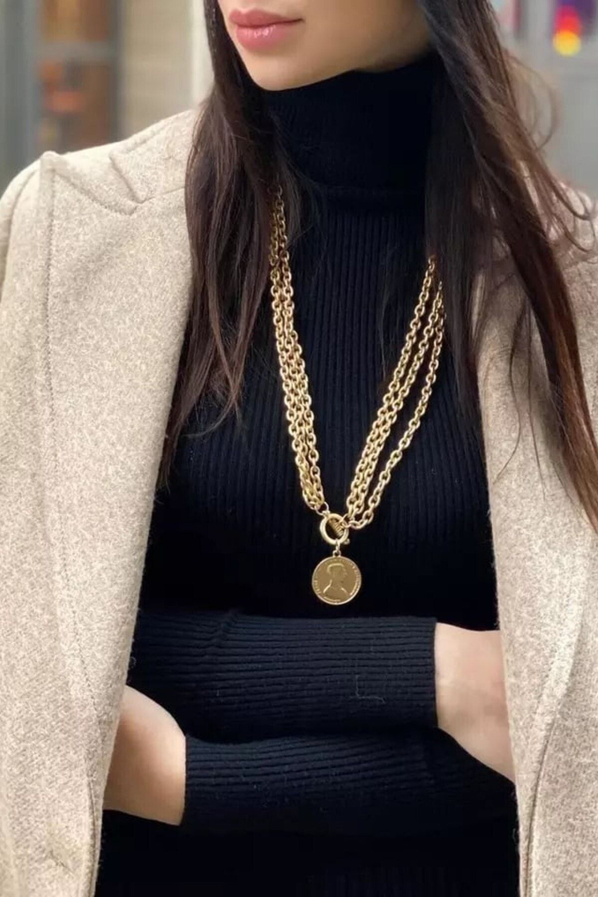 ESUSO 90 Cm Gold Kaplama Uzun Madalyon Kadın Kolye