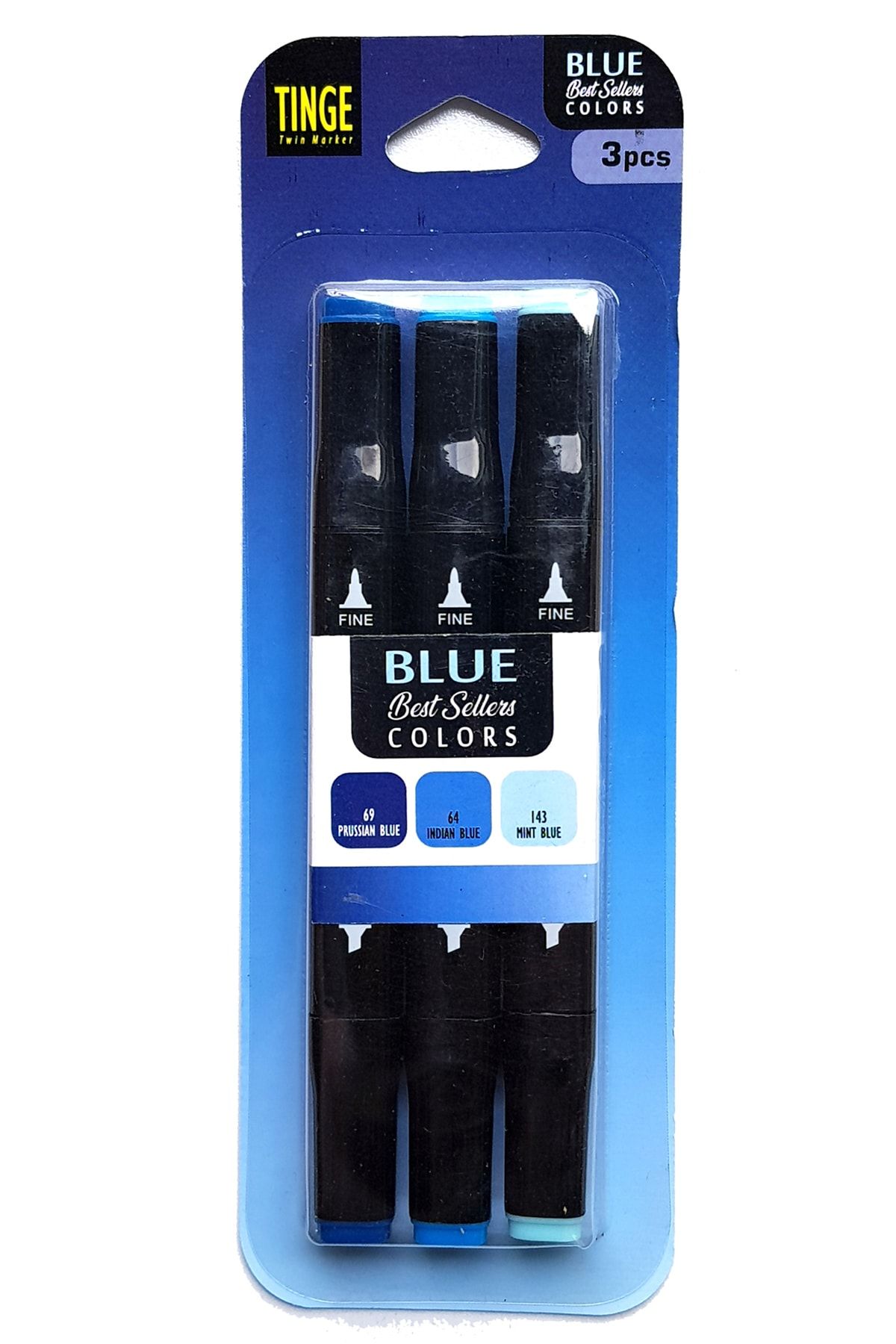 Tinge Marker Kalem - 3'lü Blue Mavi Renk Seti - Marker