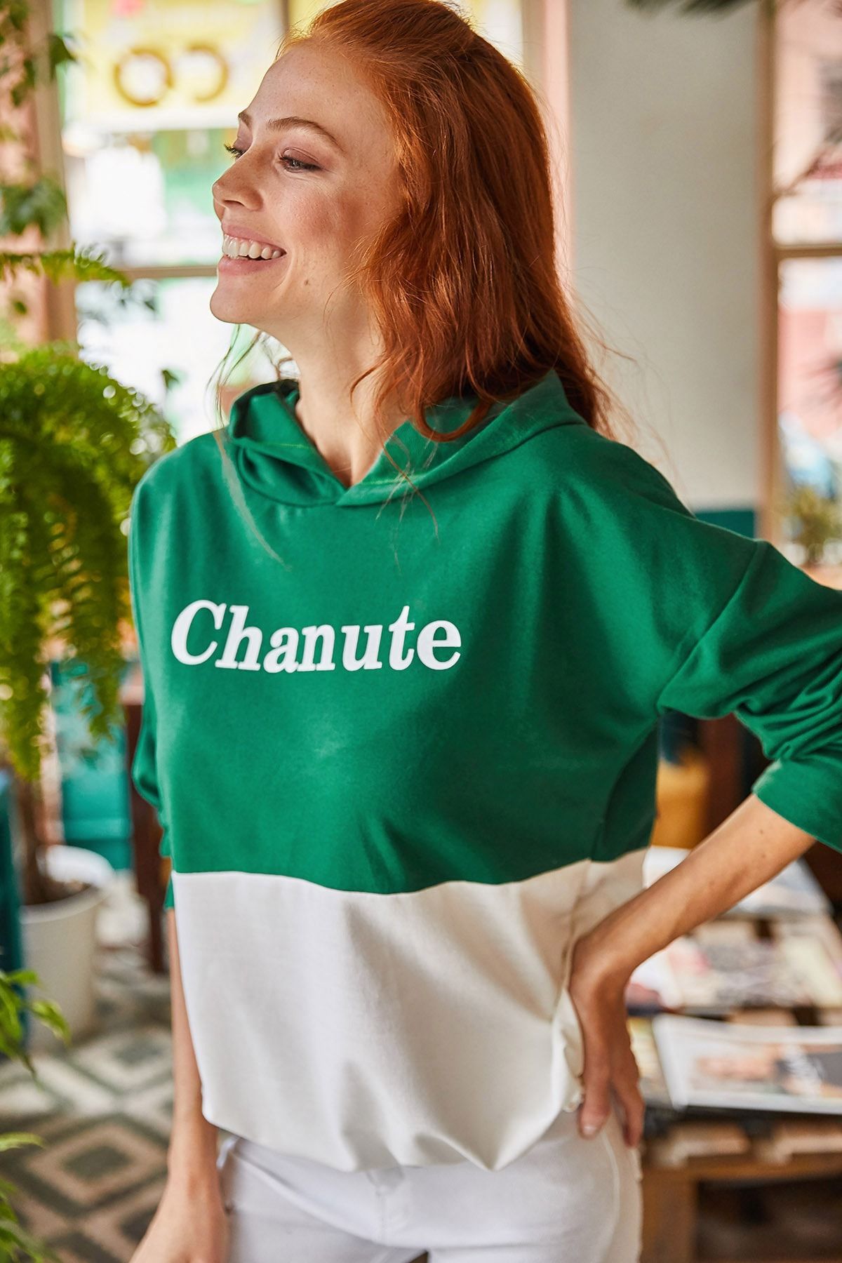 Olalook Kadın Zümrüt Yeşili Chanute Baskılı Renk Bloklu Oversize Sweatshirt SWT-19000453