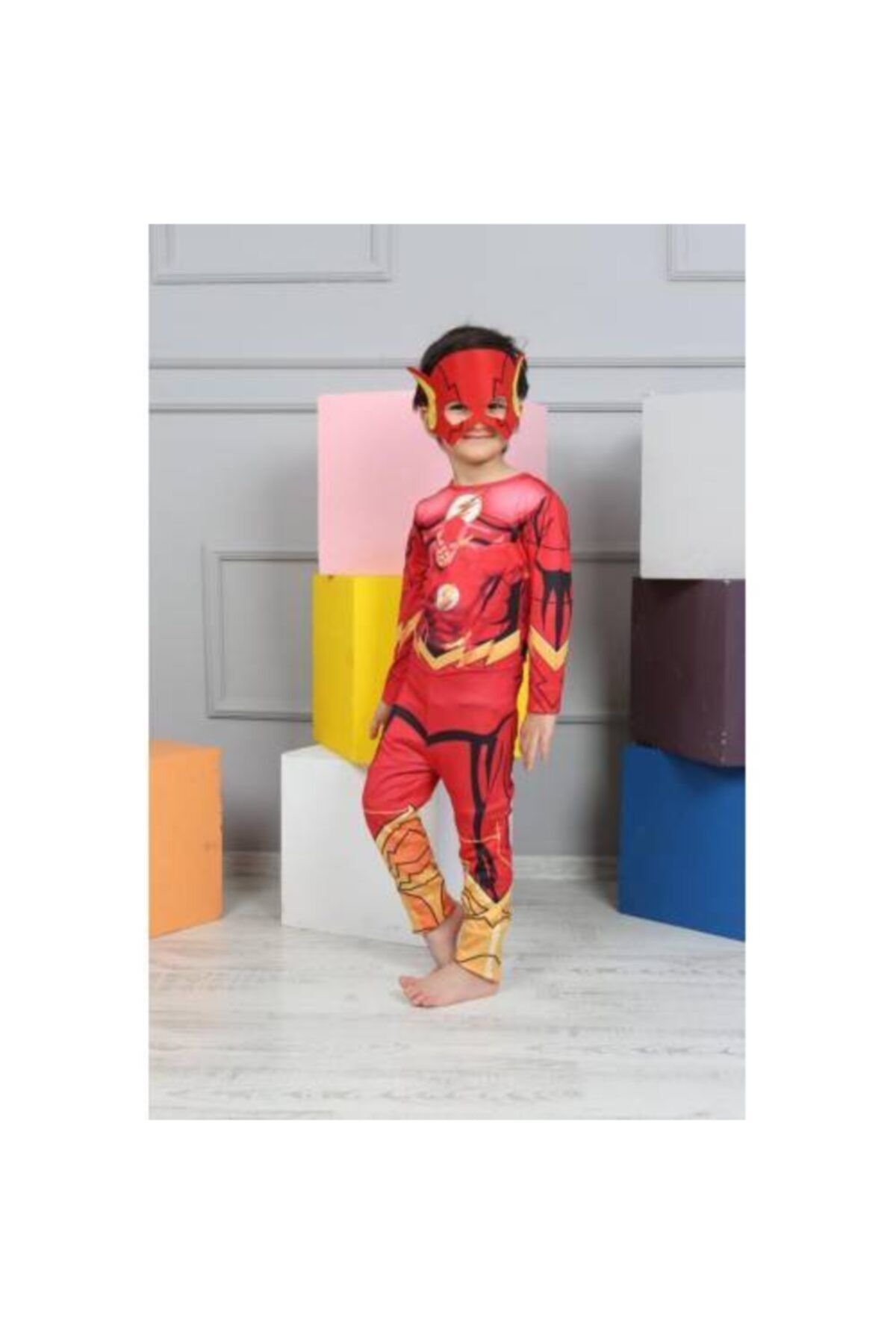 Mashotrend Flash Kostümü + Maske - Flaş Çocuk Kostümü - Flaş Kostümü - Tulum Kostüm