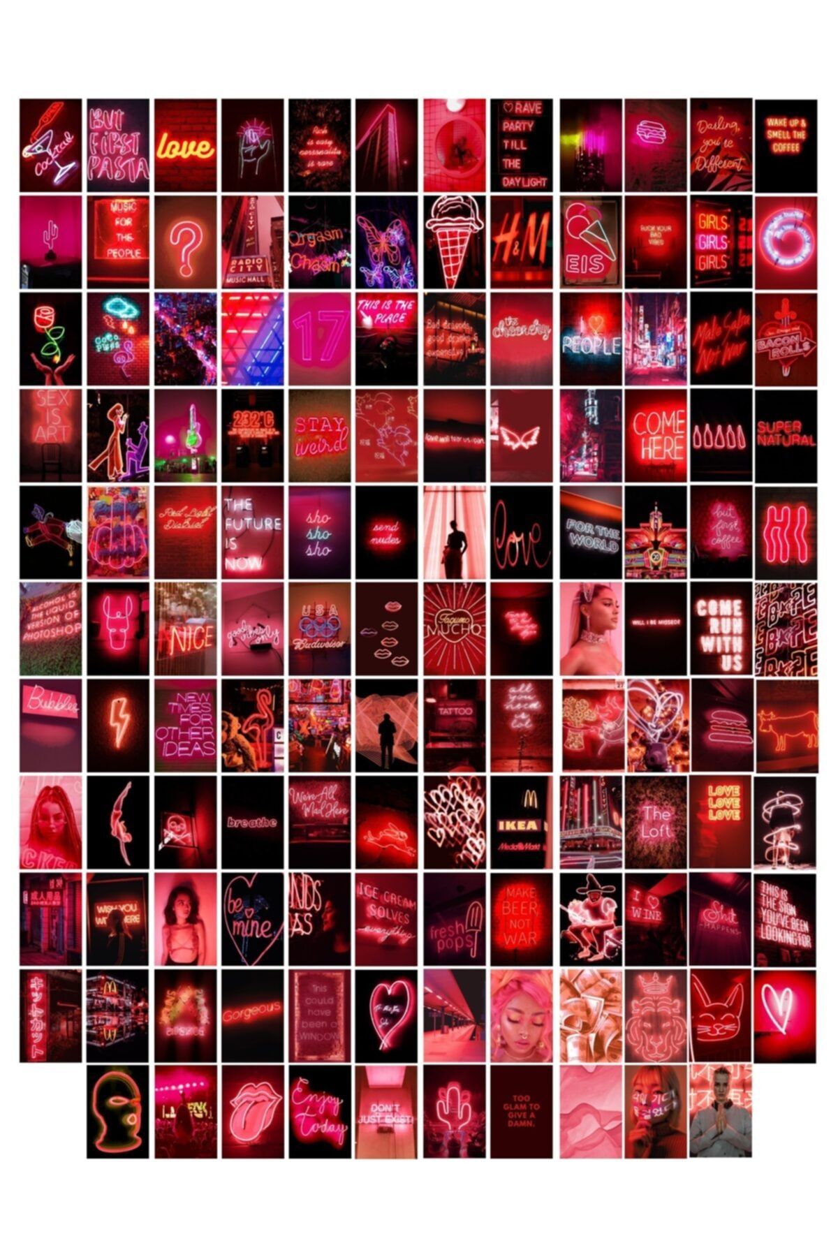 postifull Neon Temalı Poster Seti - Kırmızı - Arkası Yapışkanlı Poster Kolaj Seti - 130 Adet - 10cm*15cm