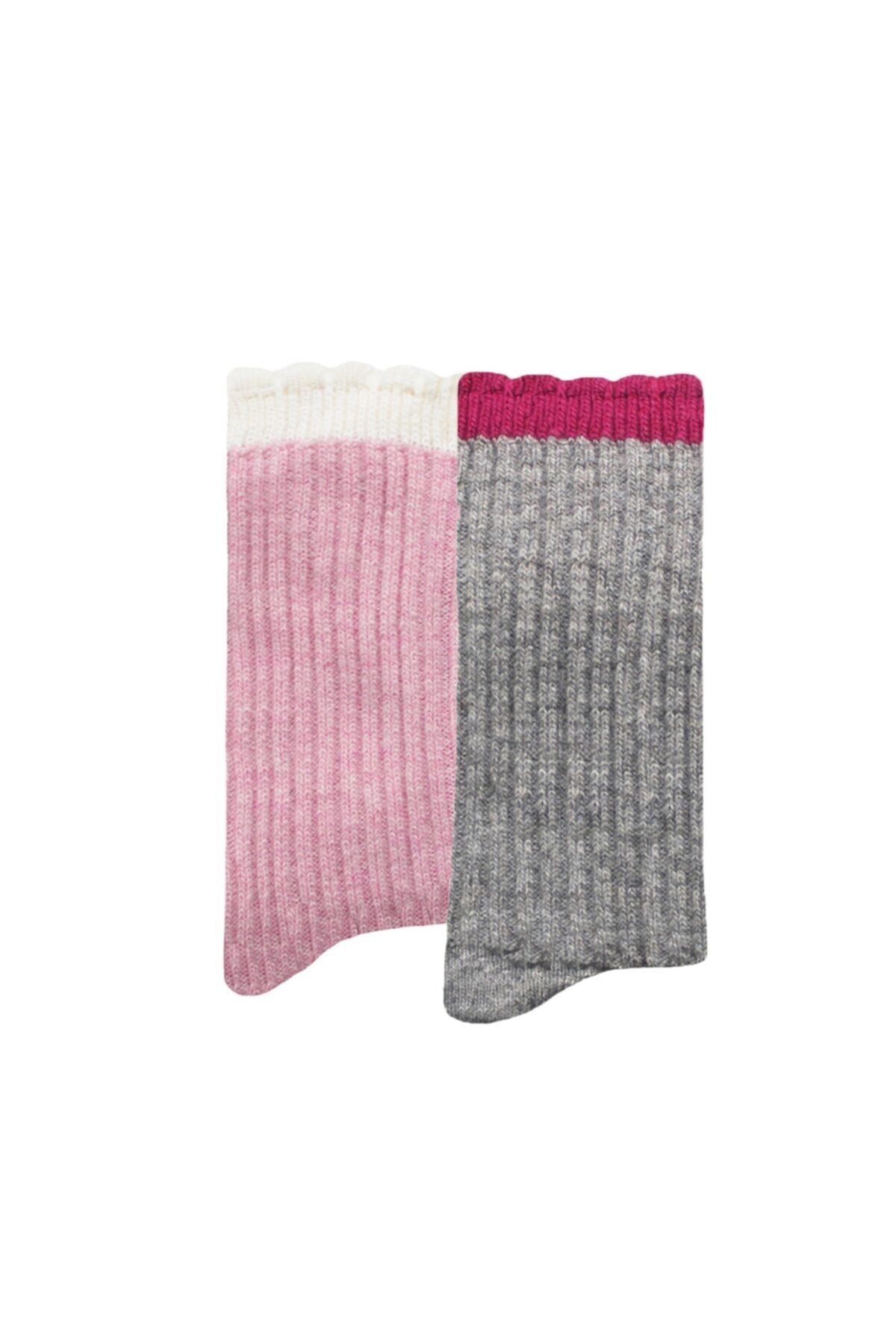 UNLIMITED LEGWEAR 2li Kalın Kışlık Yün Ve Kaşmir Karışımlı Bileği Dilimli Kadın Çorap Gri/pembe