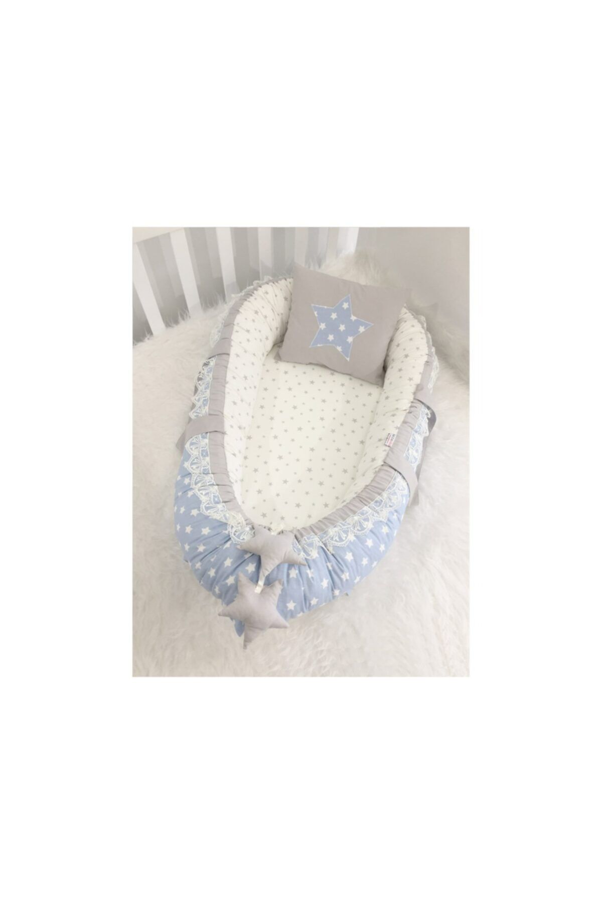 Jaju Baby Nest Mavi Yıldızlı Gri Lüx Jaju-babynest Anne Yanı Bebek Yatağı