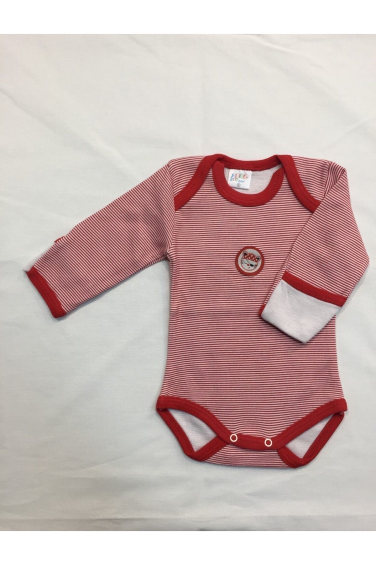 zerotenbaby Unisex Bebek Kırmızı Çizgili Eldivenli Çıtçıtlı Body
