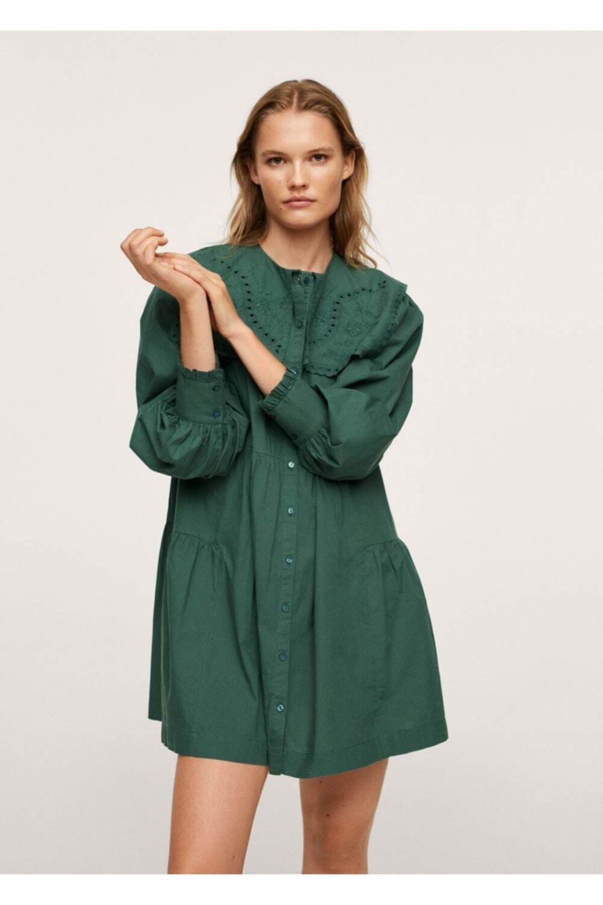 MANGO Kadın Yeşil Yakası Işlemeli Elbise