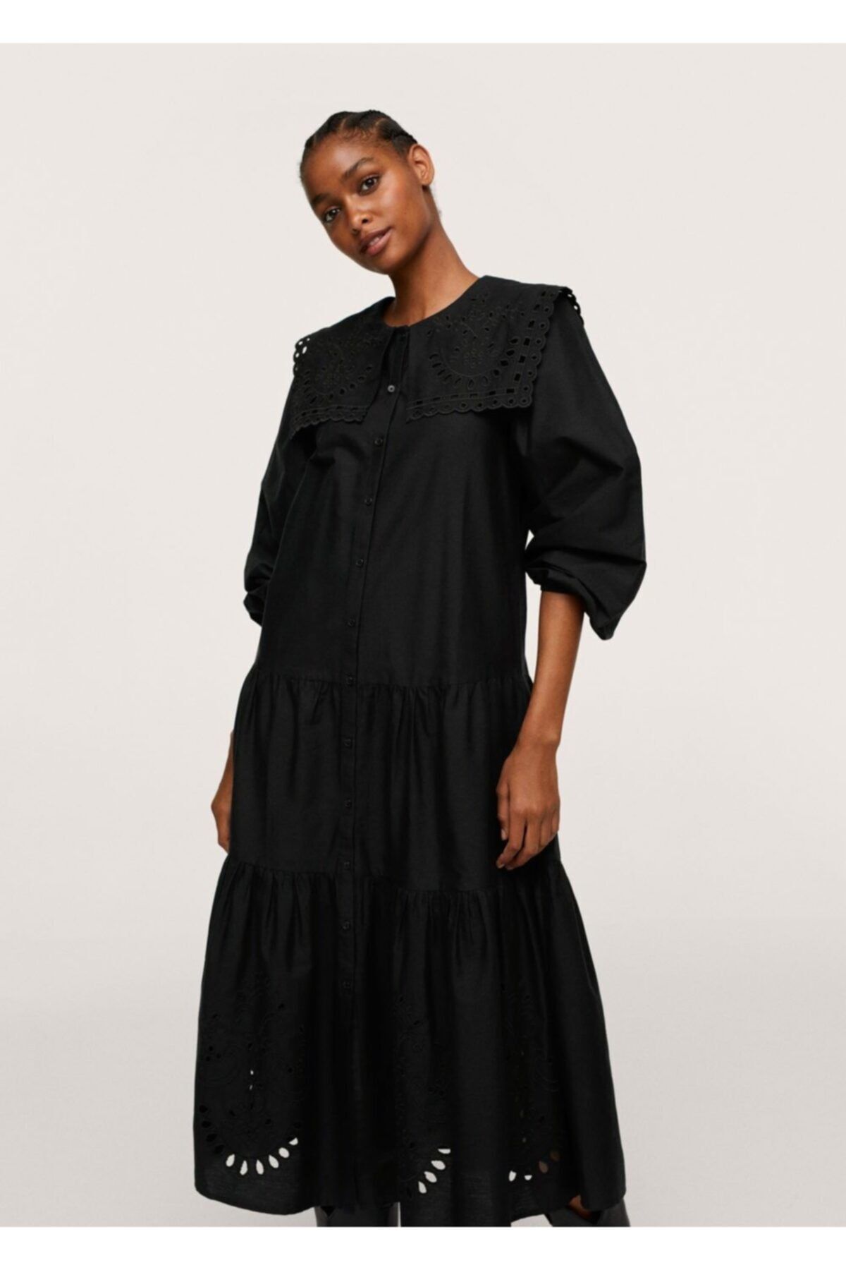 MANGO Kadın Siyah Nakışlı Elbise