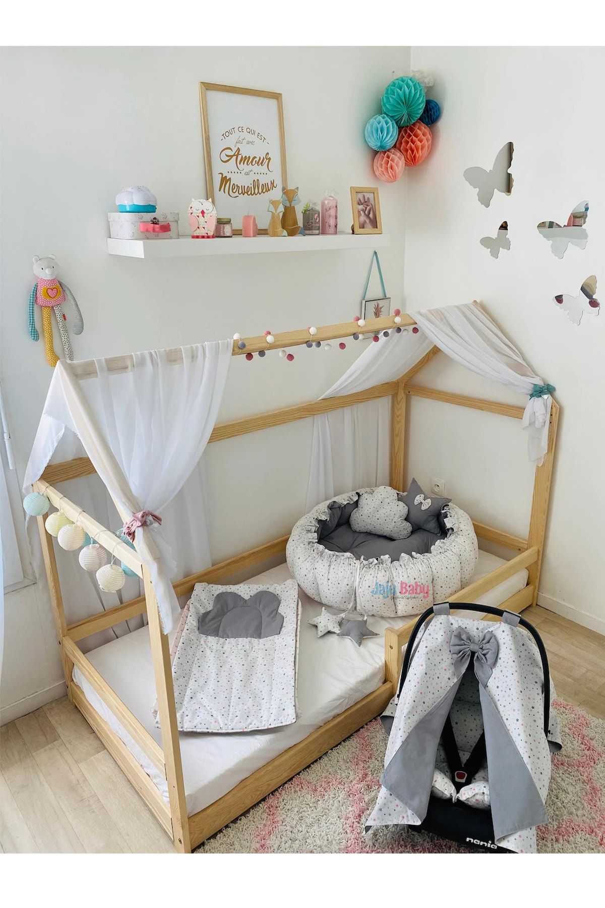 Jaju Baby Gri Küçük Yıldız Desenli Açılır - Kapanır Oyun Minderi Aparatlı Set