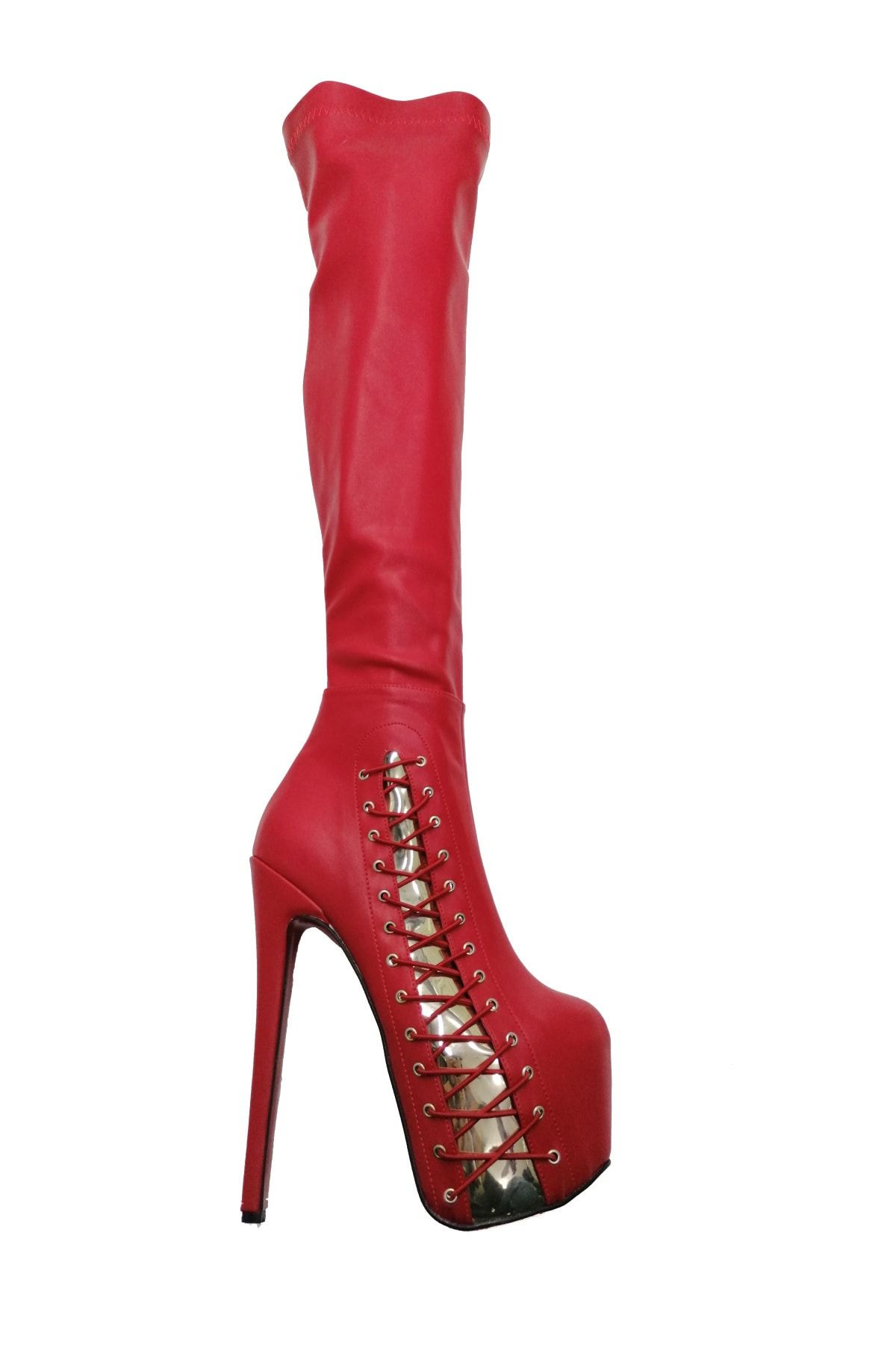 Meshure Yüksek Topuklu Kadın Diz Üstü Kırmızı Çizme