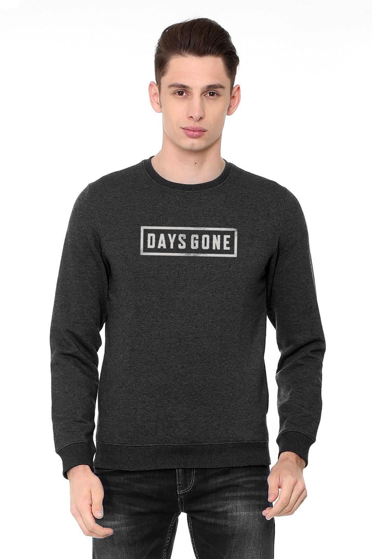 QIVI Days Gone Logo Baskılı Füme Antrasit Erkek Örme Sweatshirt Uzun Kol