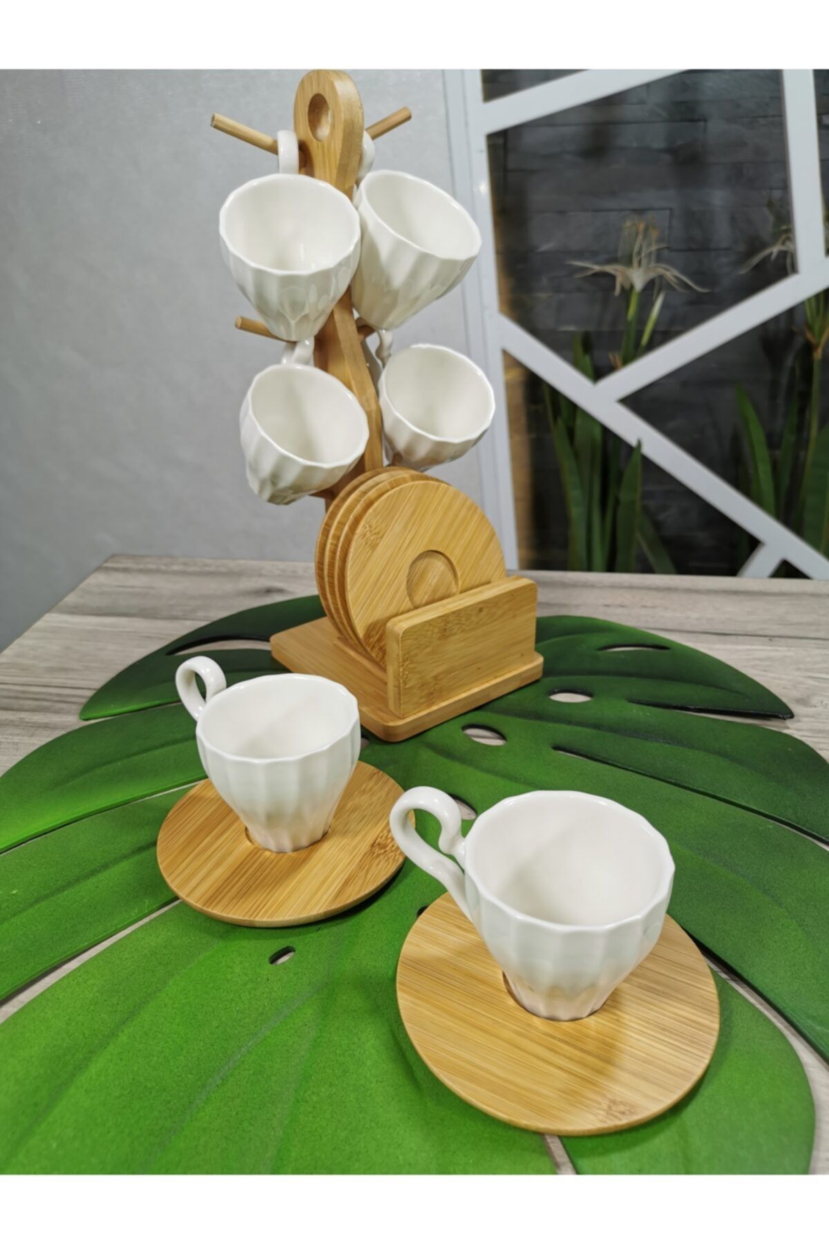 Çiftçiler Bambu Standlı Porselen Fincan Seti