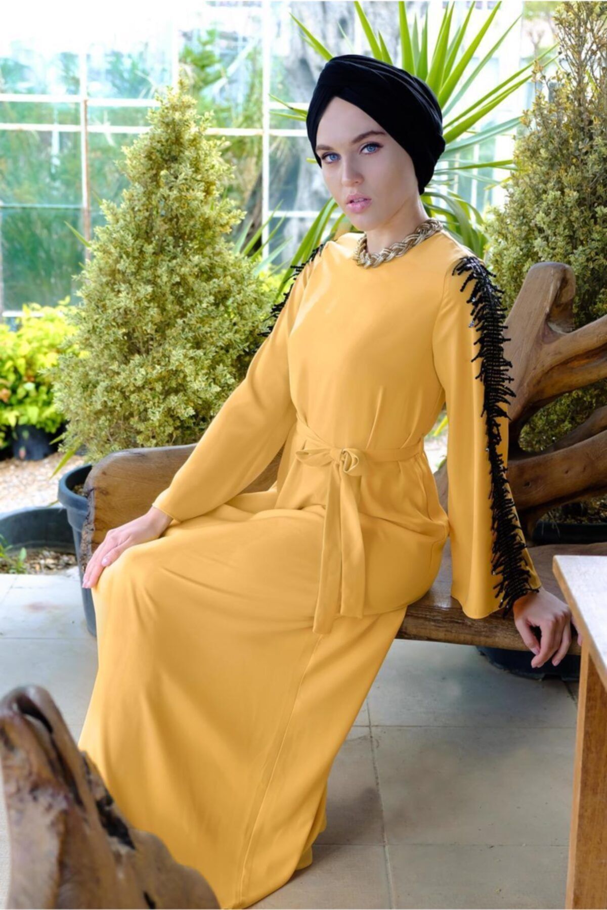 TRENDTESETTÜR Kadın Sarı Pul Payetli Belden Kuşaklı Elbise 82391