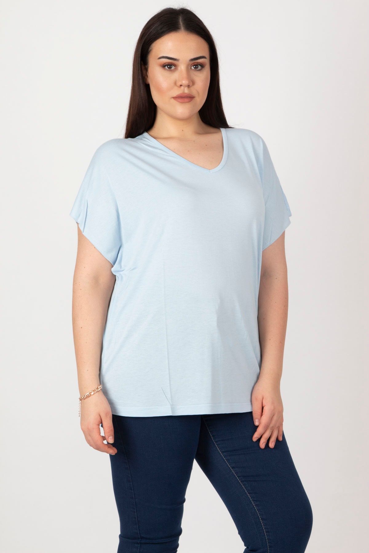 Şans Kadın Büyük Beden Mavi V Yakalı Oversize T.shirt 65n19450