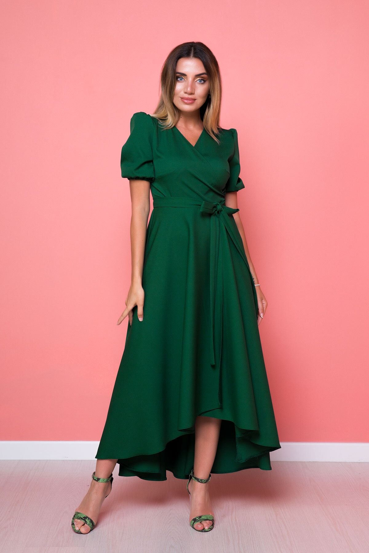 Bidoluelbise Kadın Yeşil Zümrüt Büyük Beden Asimetrik Kesim Elbise