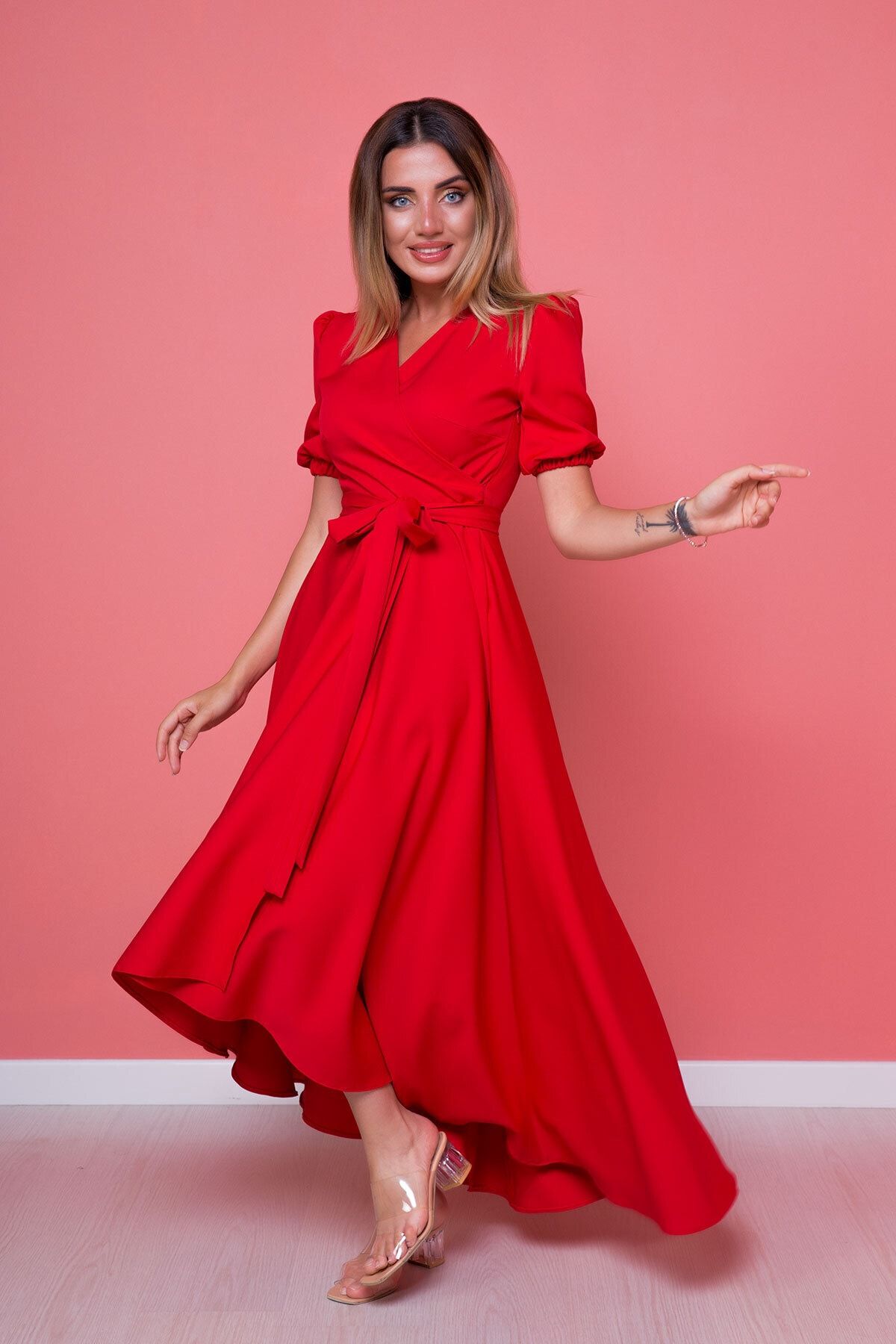 Bidoluelbise Kadın Kırmızı Büyük Beden Asimetrik Kesim Elbise