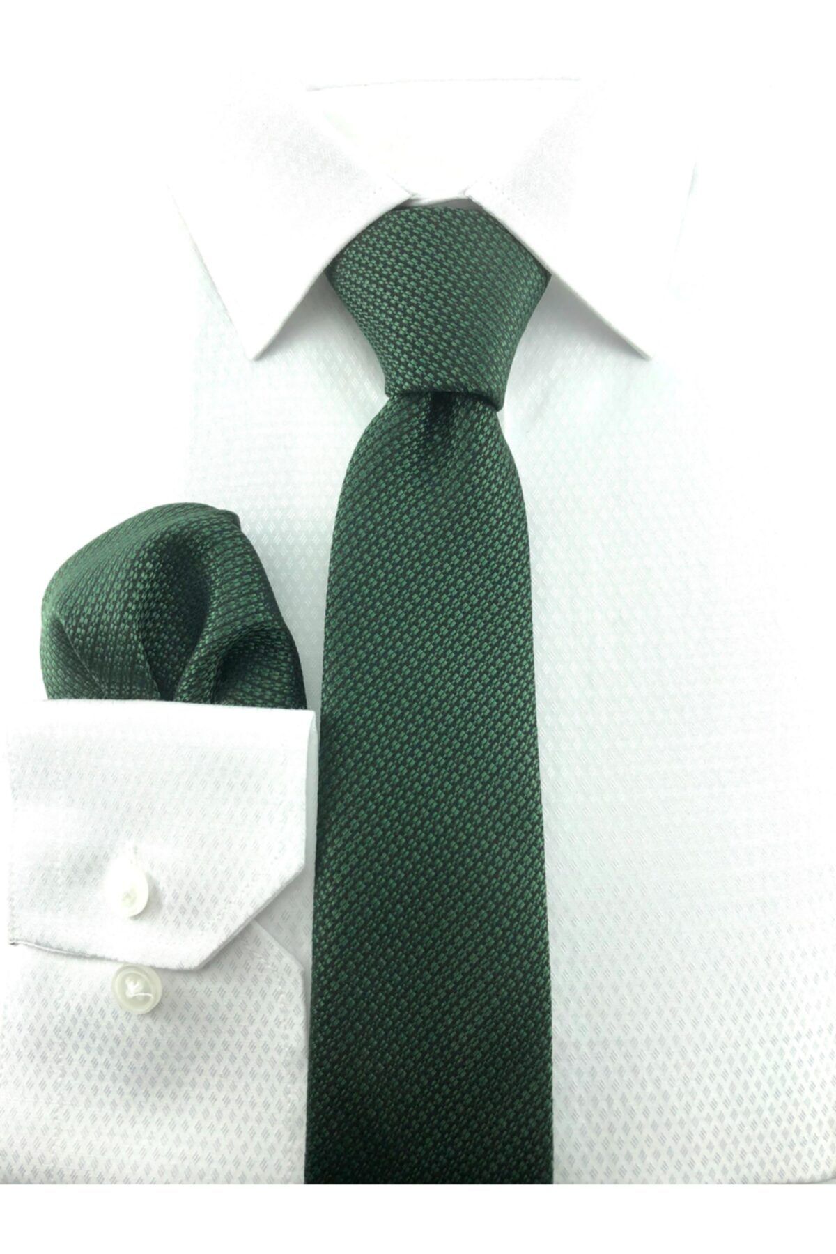 PİERRONİ Kendinden Desenli Yeşil Mendilli Kravat