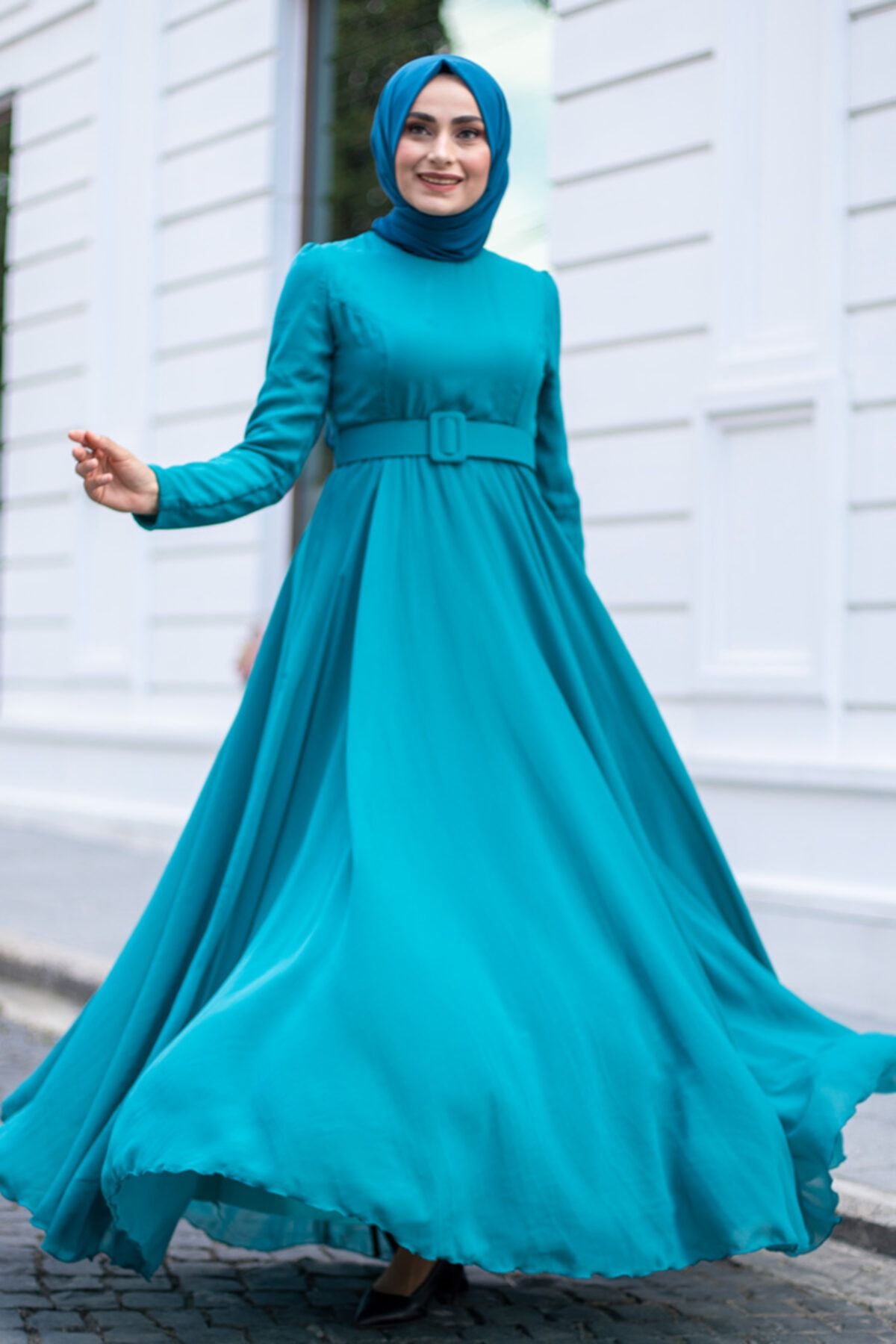 Feiza Collection Kemerli Şifon Tesettür Abiye Elbise - Turkuaz