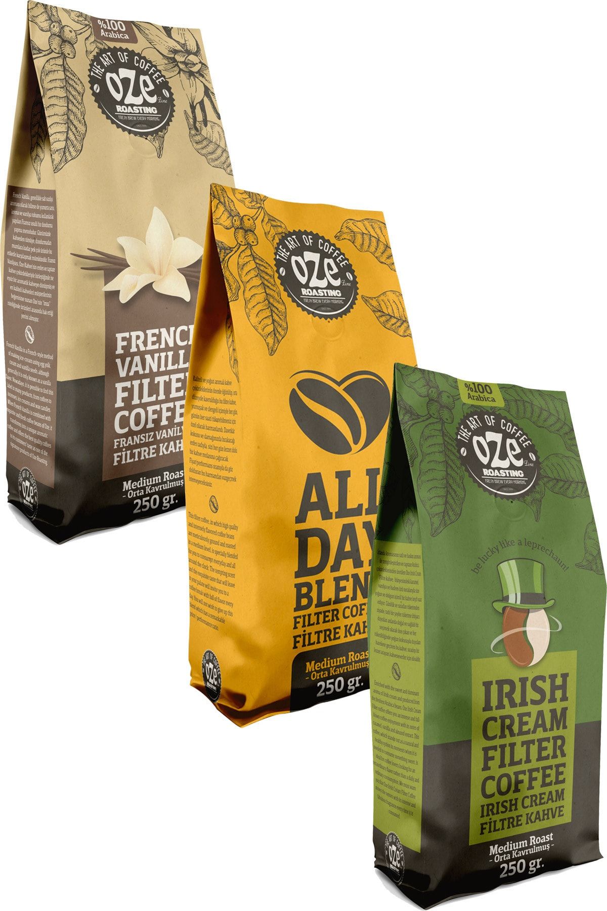 Oze Aromalı Filtre Kahve Tanışma Seti Irish Cream, All Day Blend, Vanilya 3'lü 250g