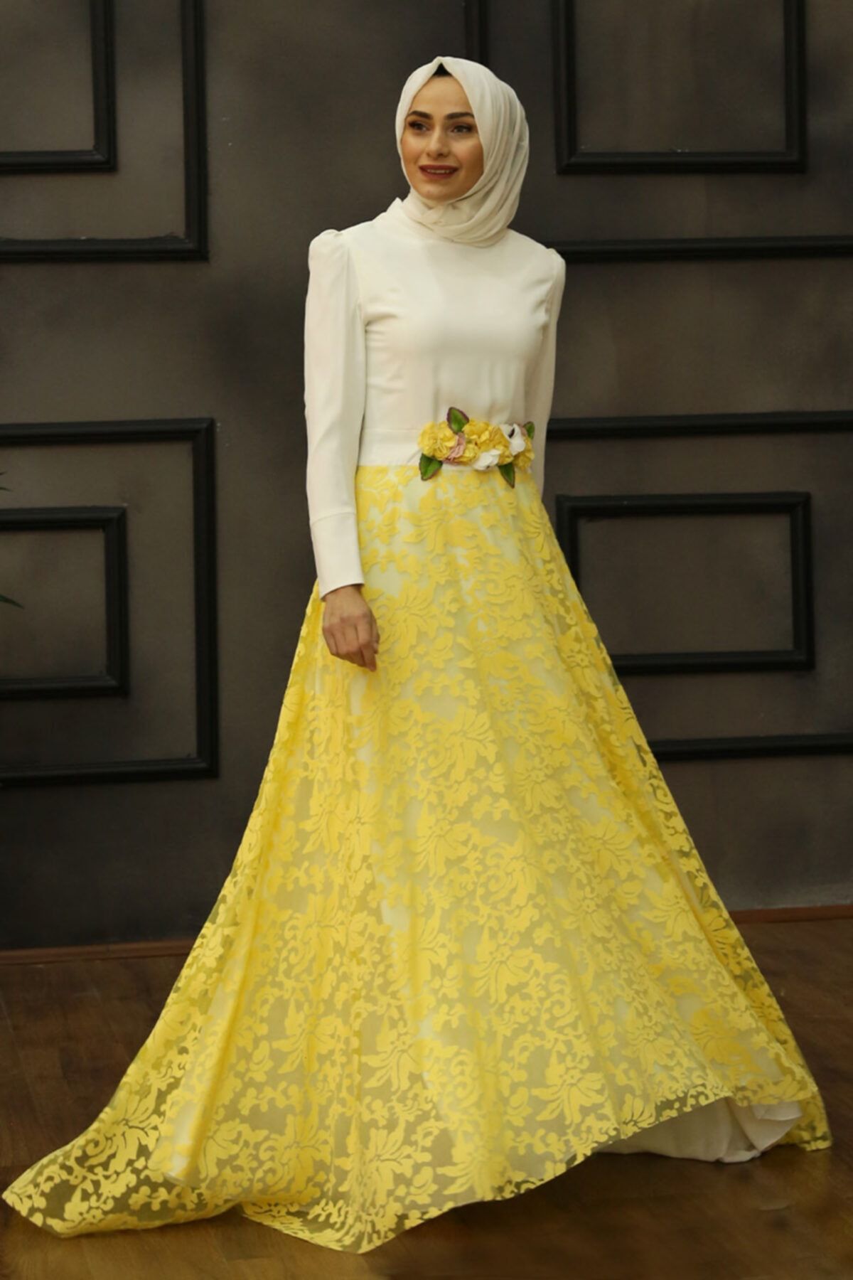 Feiza Collection Beli Çiçekli Tesettür Abiye Elbise - Sarı