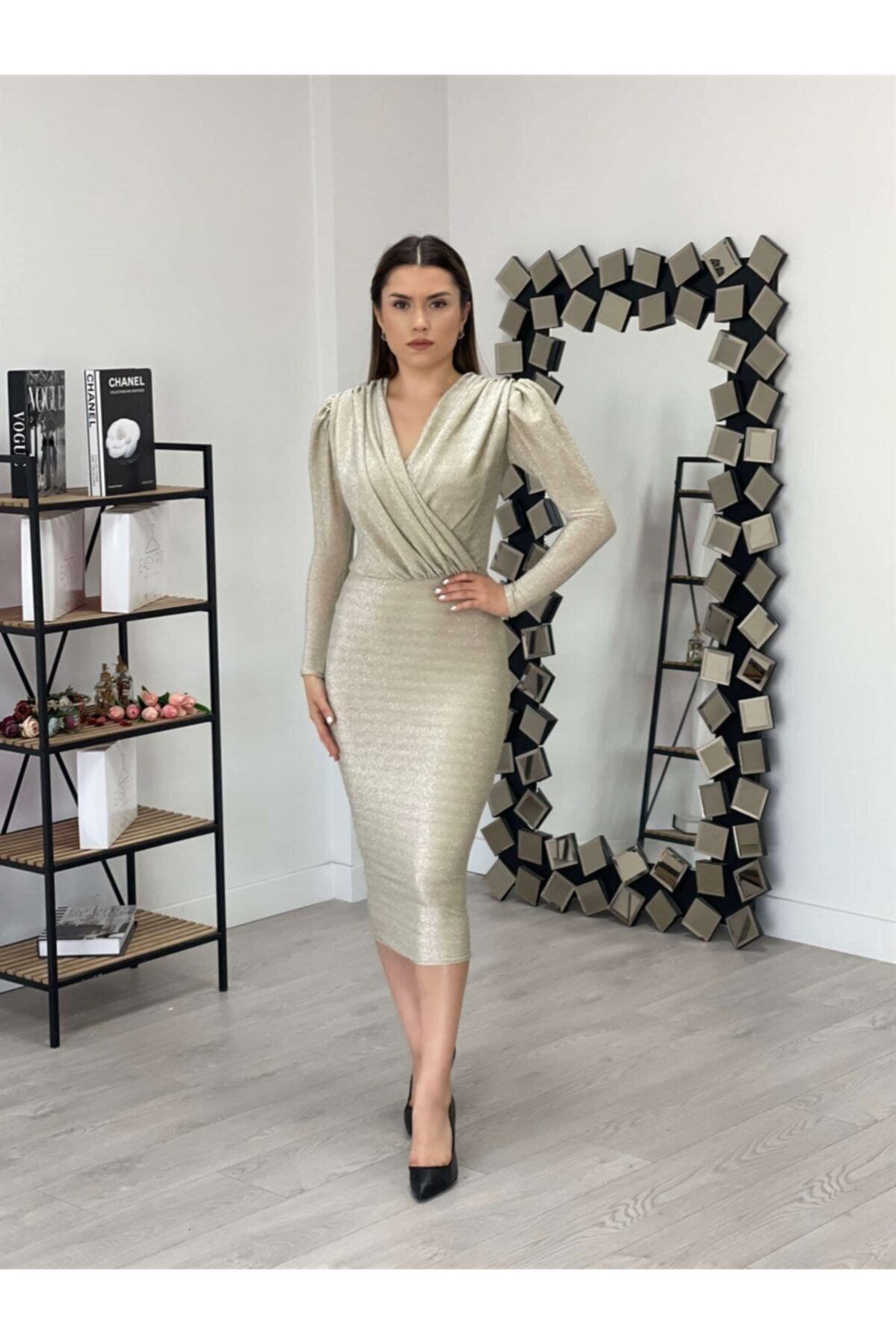 giyimmasalı Simli Kalem Elbise - Gold