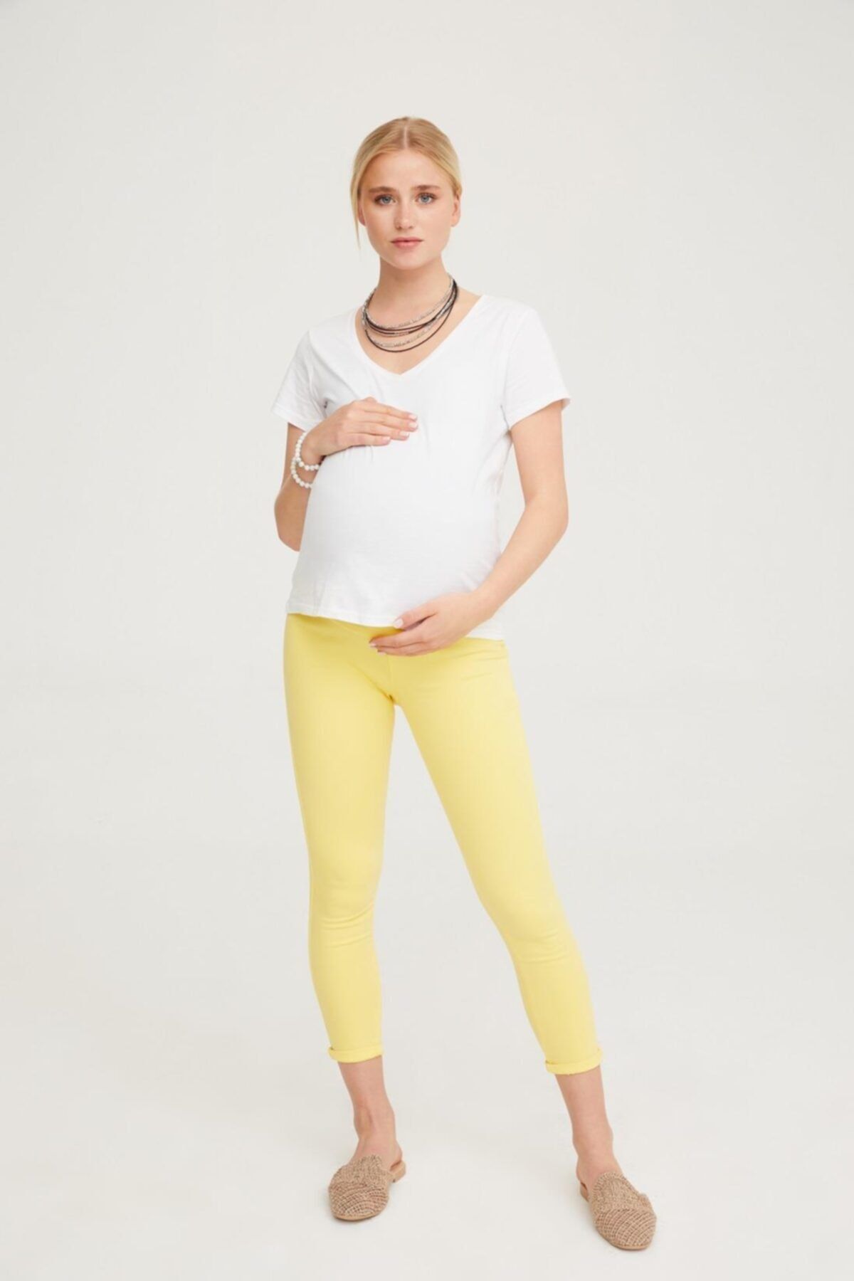 VAVIEN Kadın Sarı Hamile Süper Strech  Skinny Fit Pantolon 1082