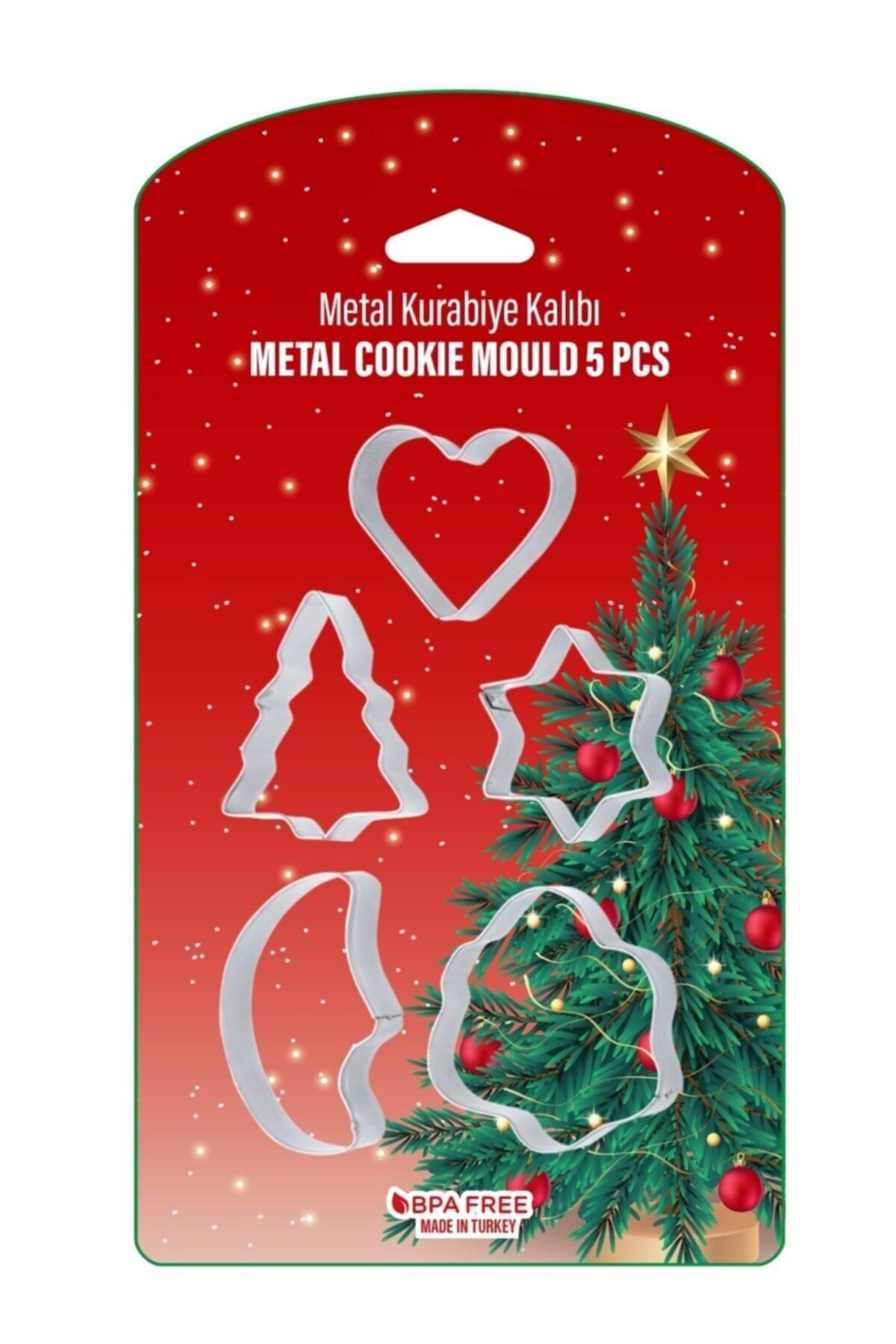 Bayev Yılbaşı Özel 5 Parça Metal Çam Ağacı Şekilli Kurabiye Kalıbı Seti Kalp Yıldız