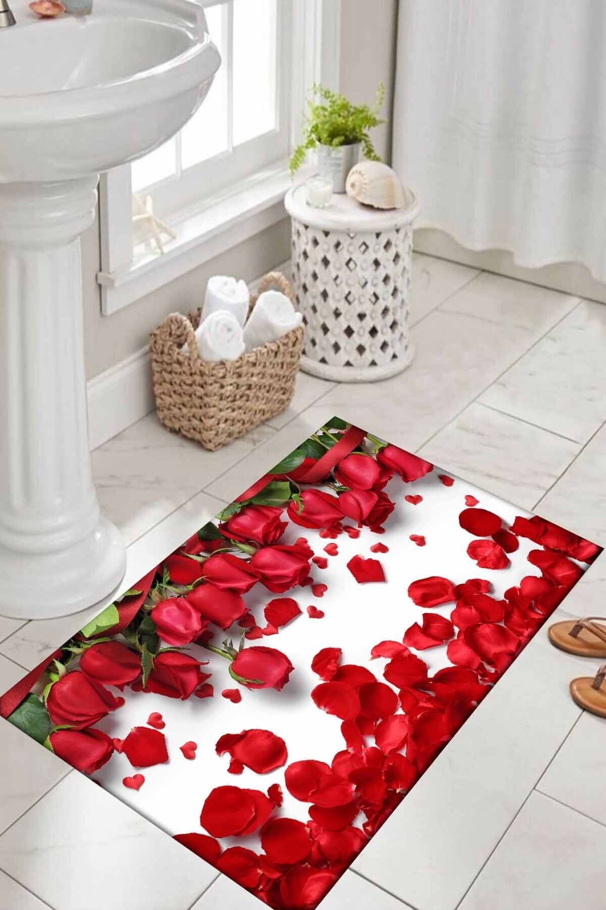 Else Halı Else Kırmızı Güller Desenli Yıkanabilir Kaymaz Taban Banyo Paspası Halısı