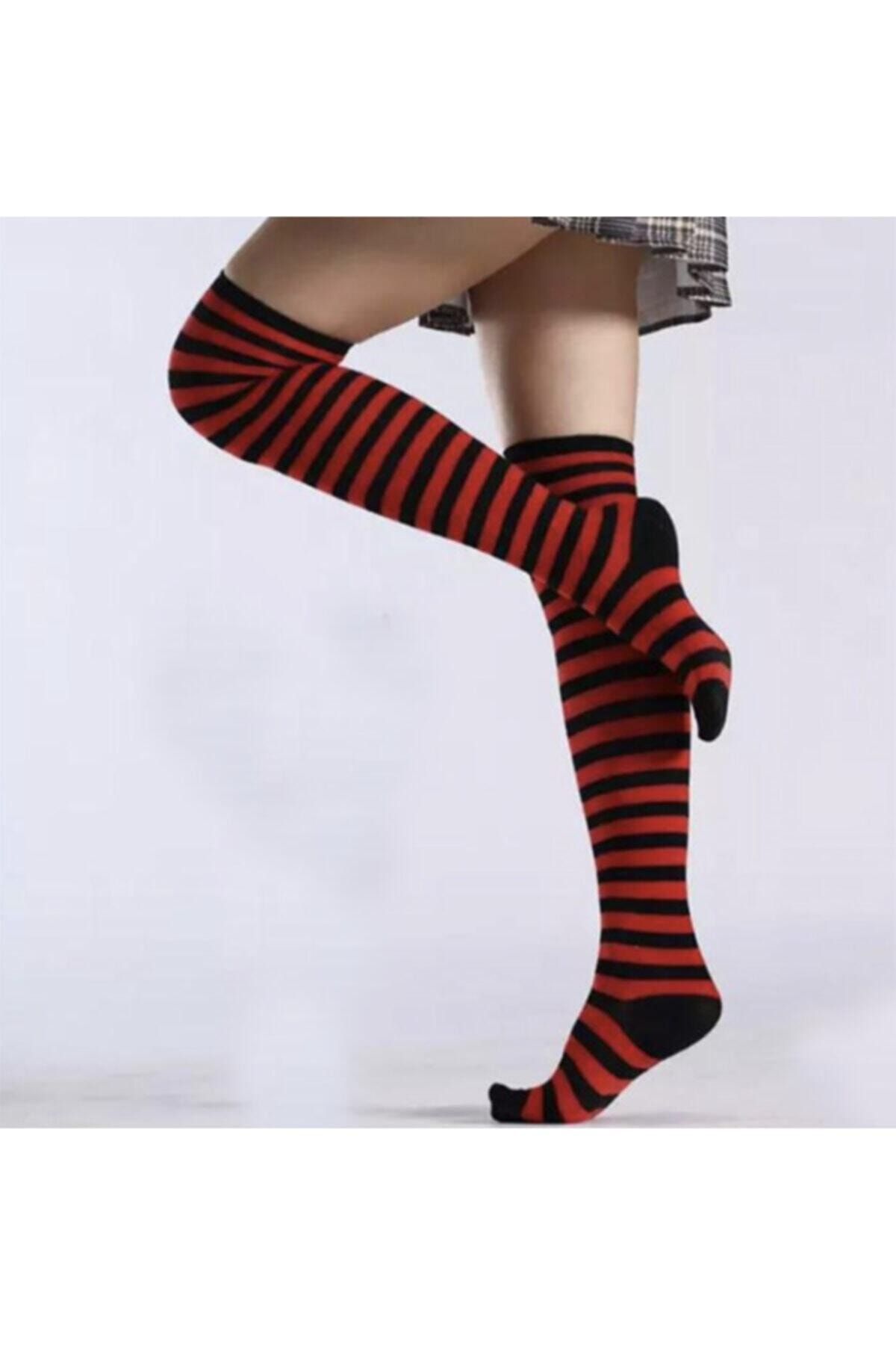 Köstebek Kırmızı Çizgili Siyah Dizüstü Çorap