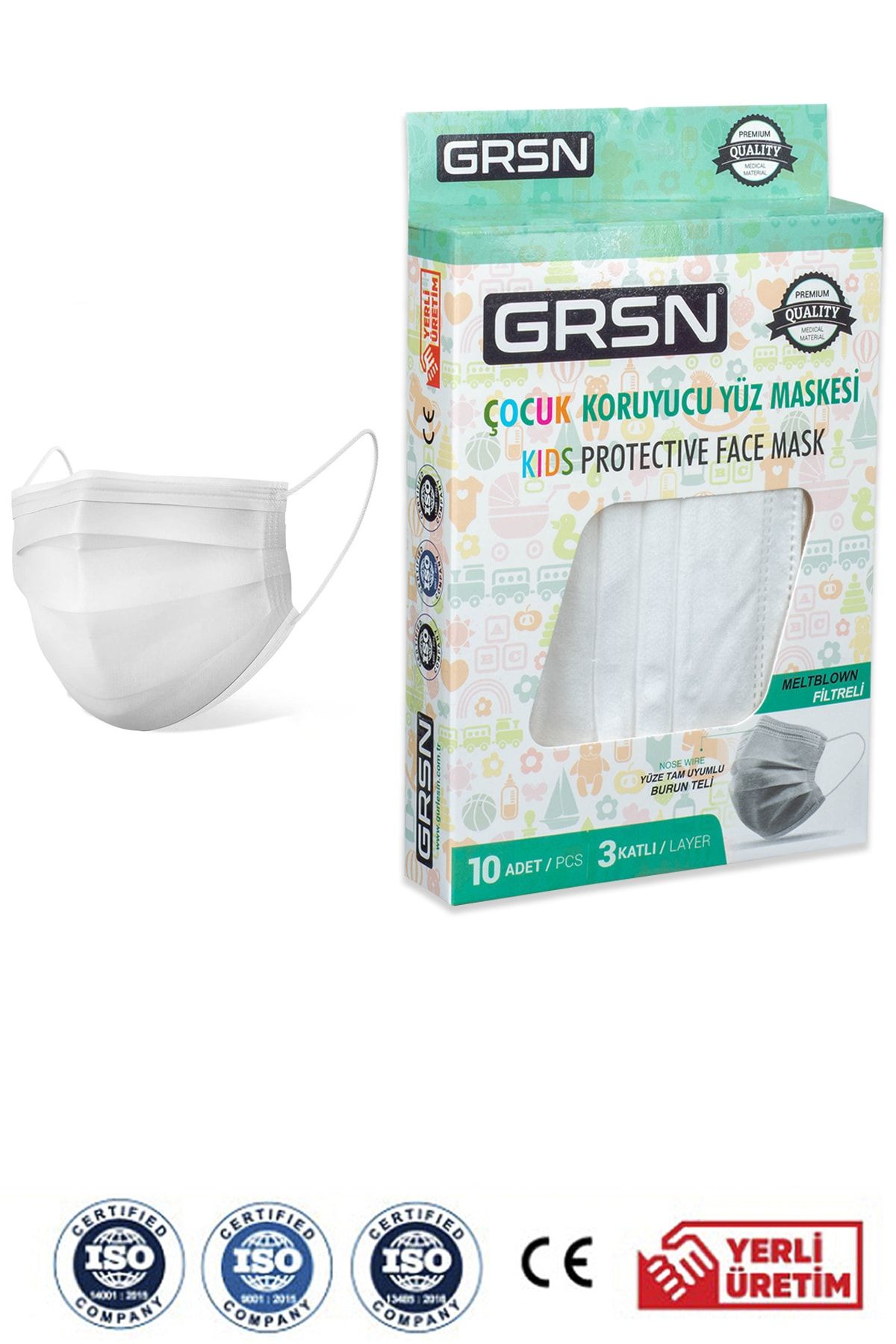GRSN 100'lü Çocuk Beyaz Meltblown Filtreli Koruyucu 3 Katlı 10x10 Kutulu Elastik Medikal Maske