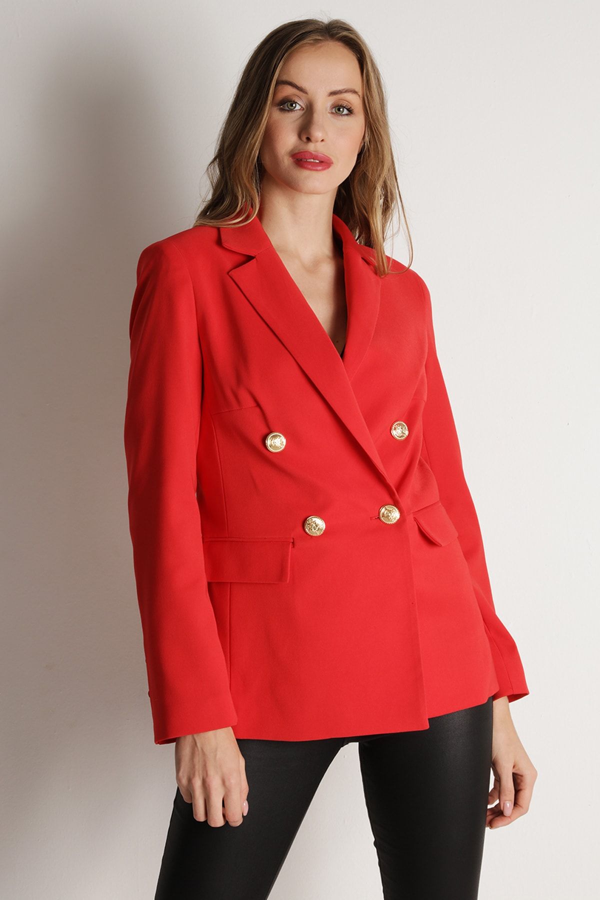 Select Moda Kadın Nar Çiçeği Gold Düğmeli Blazer Ceket