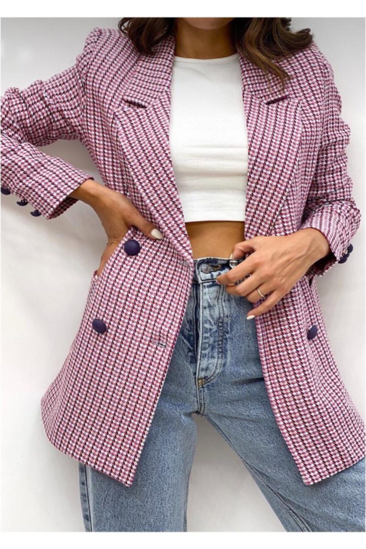BENGİ BUTİK Kadın Pembe Kazayağı Desen Düğme Detaylı Astarlı Blazer Ceket