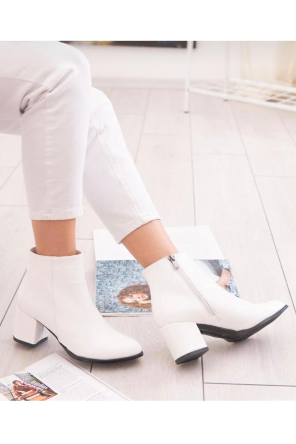 BY MAY SHOES Kadın Topuklu Düz Beyaz Bot Ayakkabı