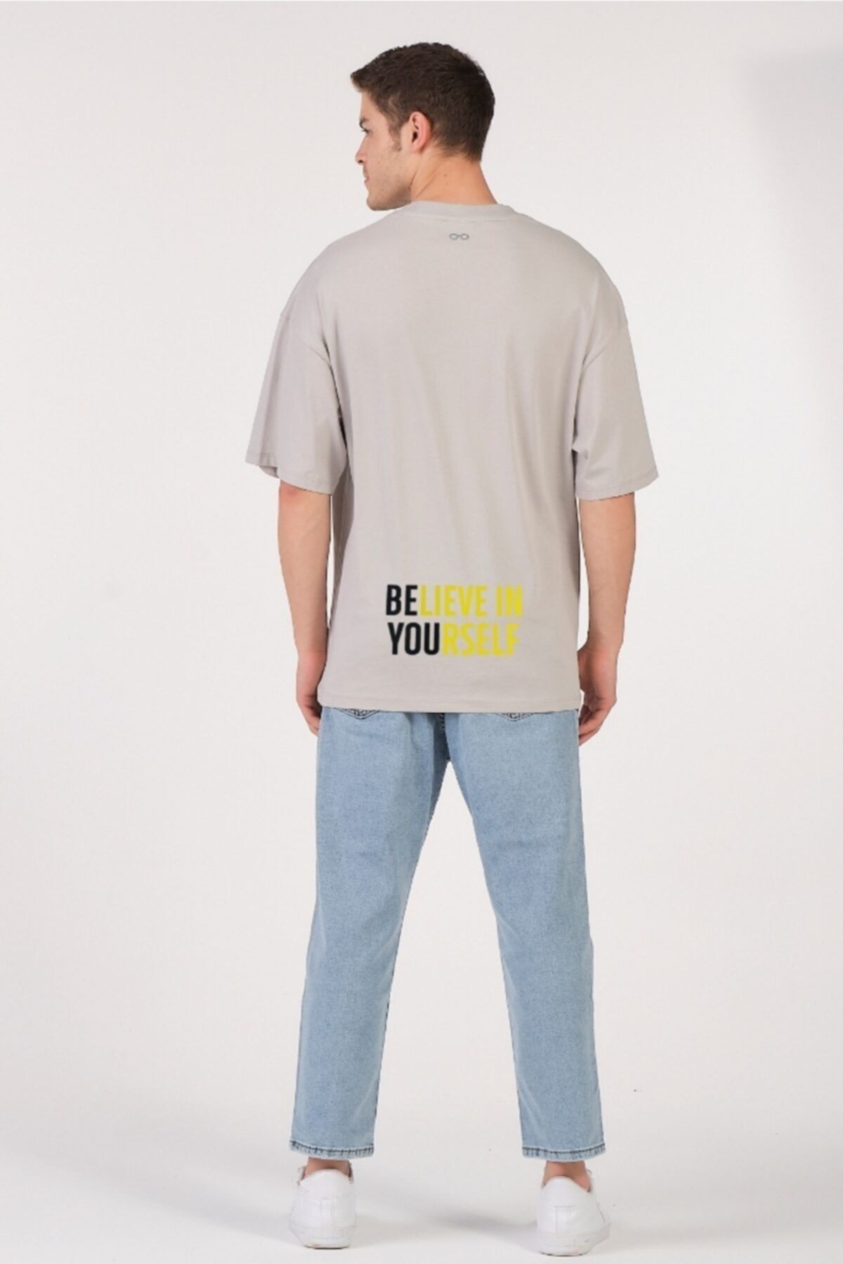 to COSMOS Unisex Oversize Believe Tasarım Açık Gri Kadın Erkek Tişört