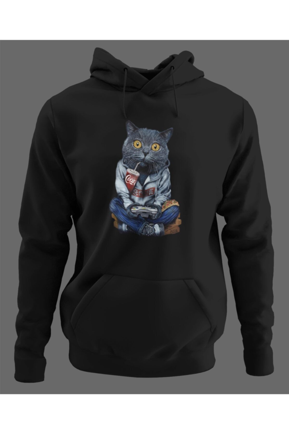 NOVUMUS Game Play Cat Kedi Unisex 3 Iplik Şardonlu (içi Pamuklu) Siyah Hoodie Sweatshirt Kapüşonlu