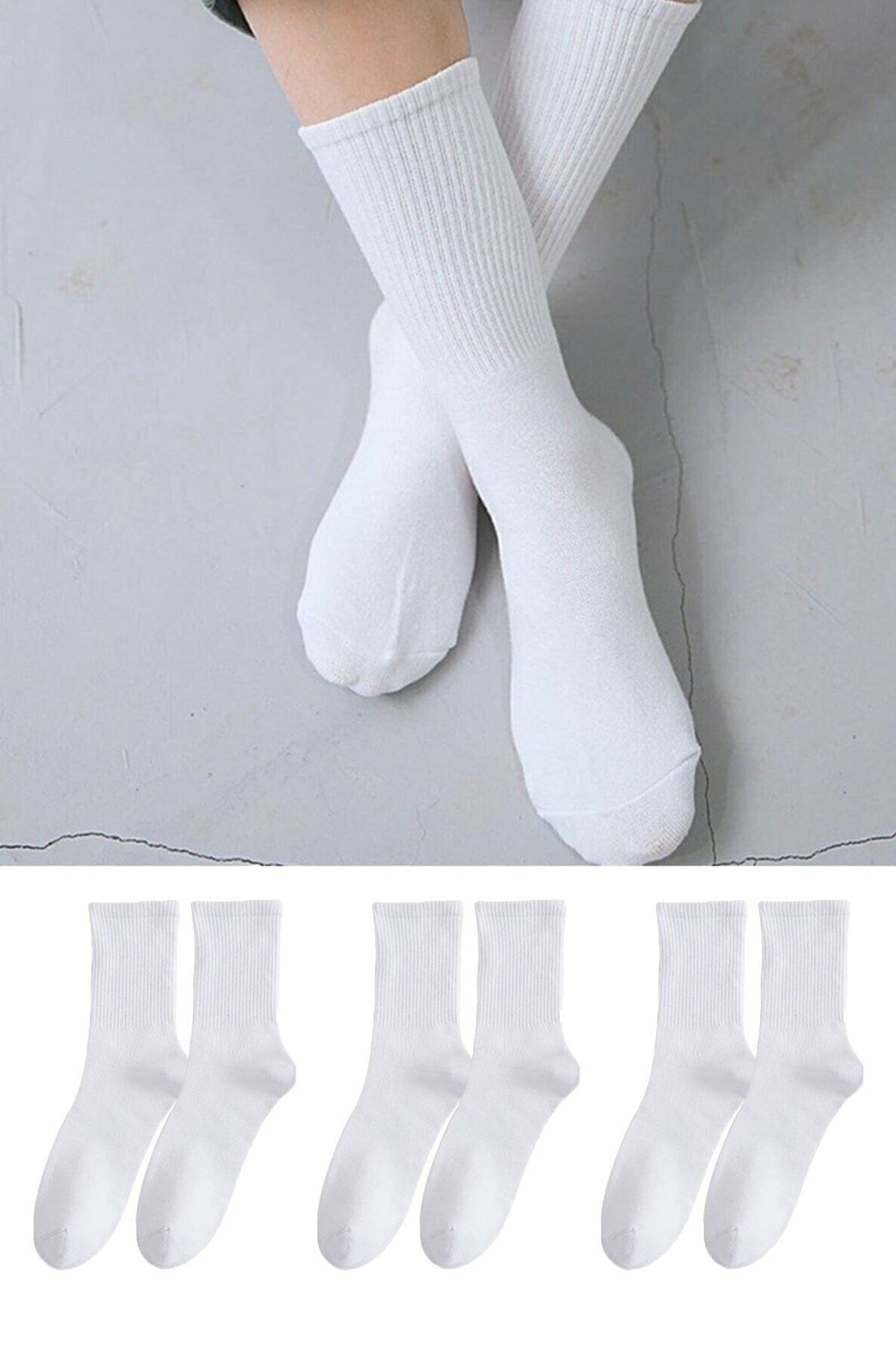 İkonik Socks Unisex  Beyaz Pamuklu Kolej Çorabı 3'lü