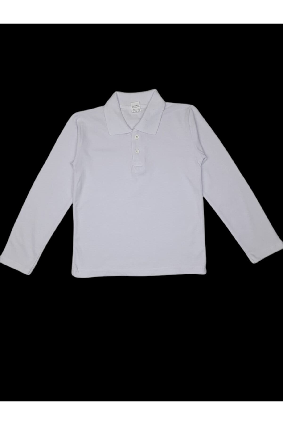 DUDO GİYİM Beyaz Polo Yaka Basic Uzun Kollu Kız - Erkek Çocuk Tişört