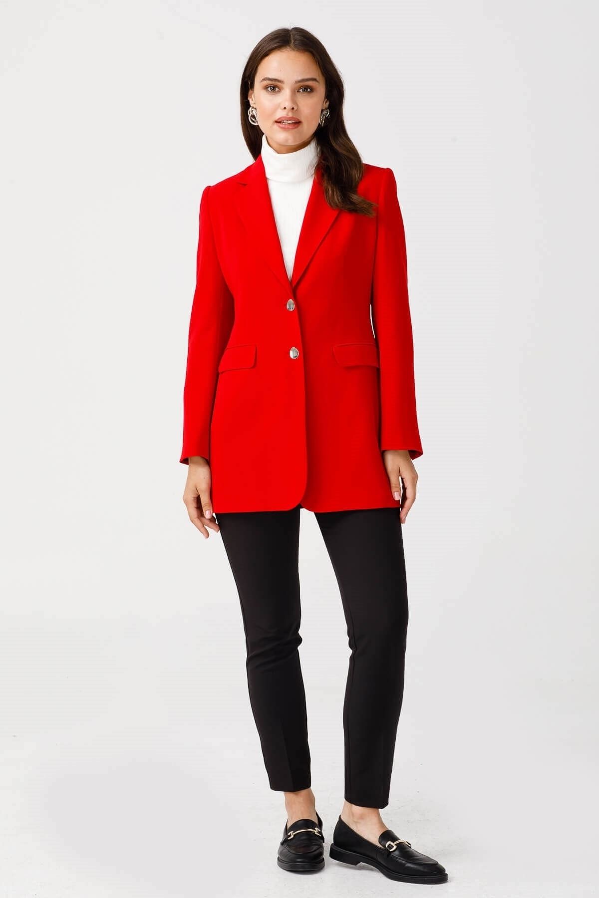 Moda İlgi Çift Dügme Uzun Ceket Kırmızı