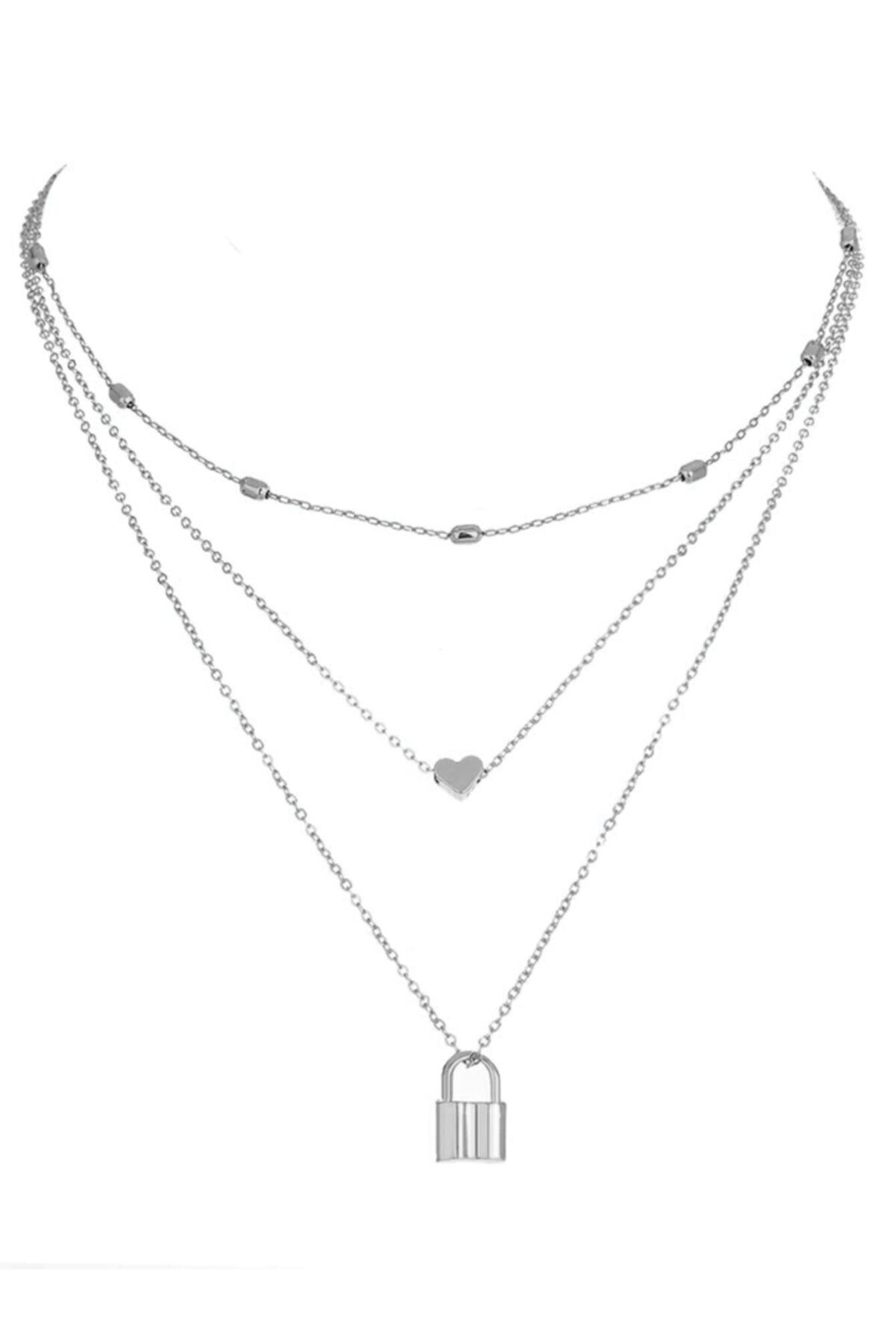 X-Lady Accessories Gümüş Rengi Kilit Ve Kalp Charm Katmanlı Kolye