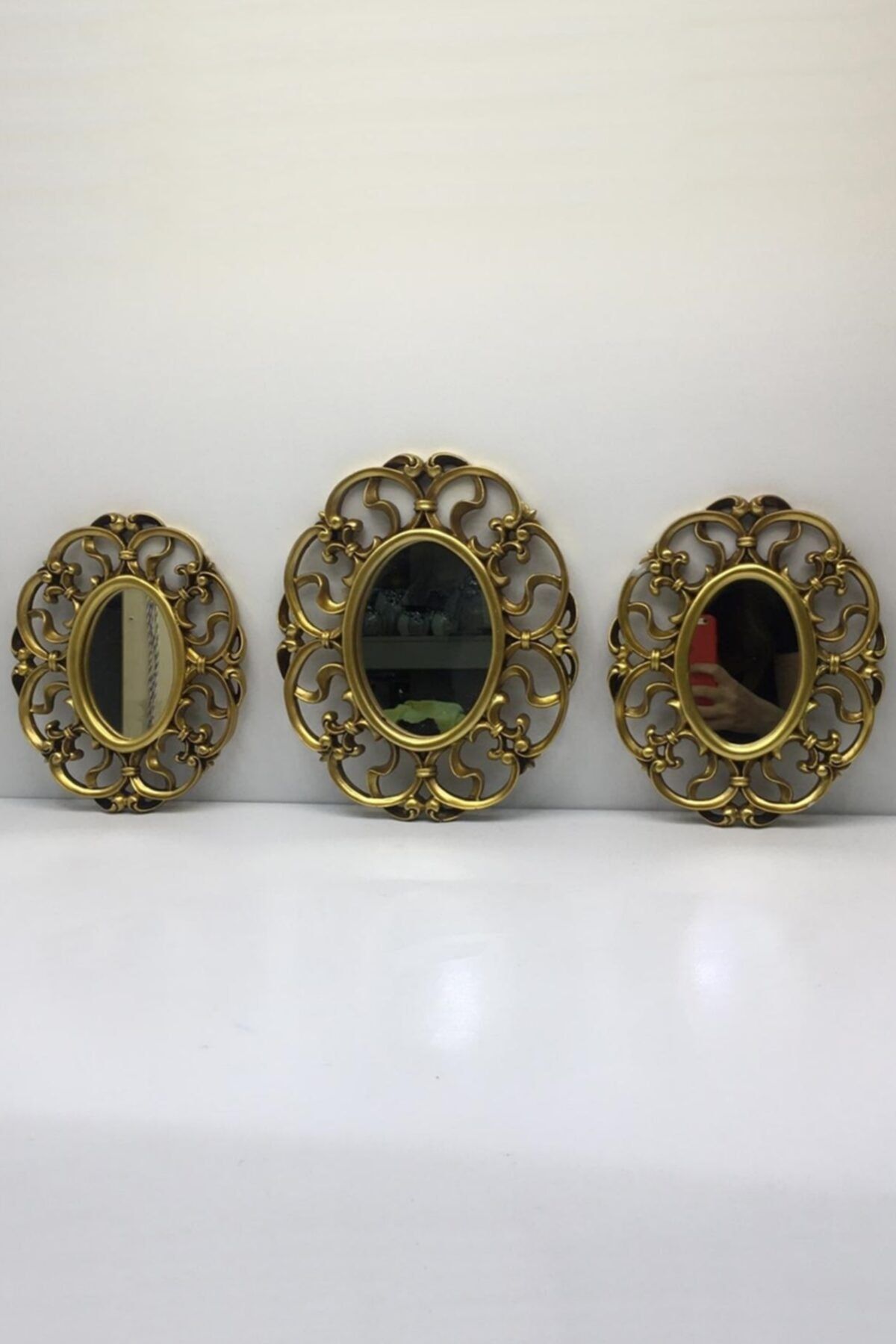 Otantik Dekoratif Polyester 3'lü Ayna Seti Altın/gold Renk Ayna