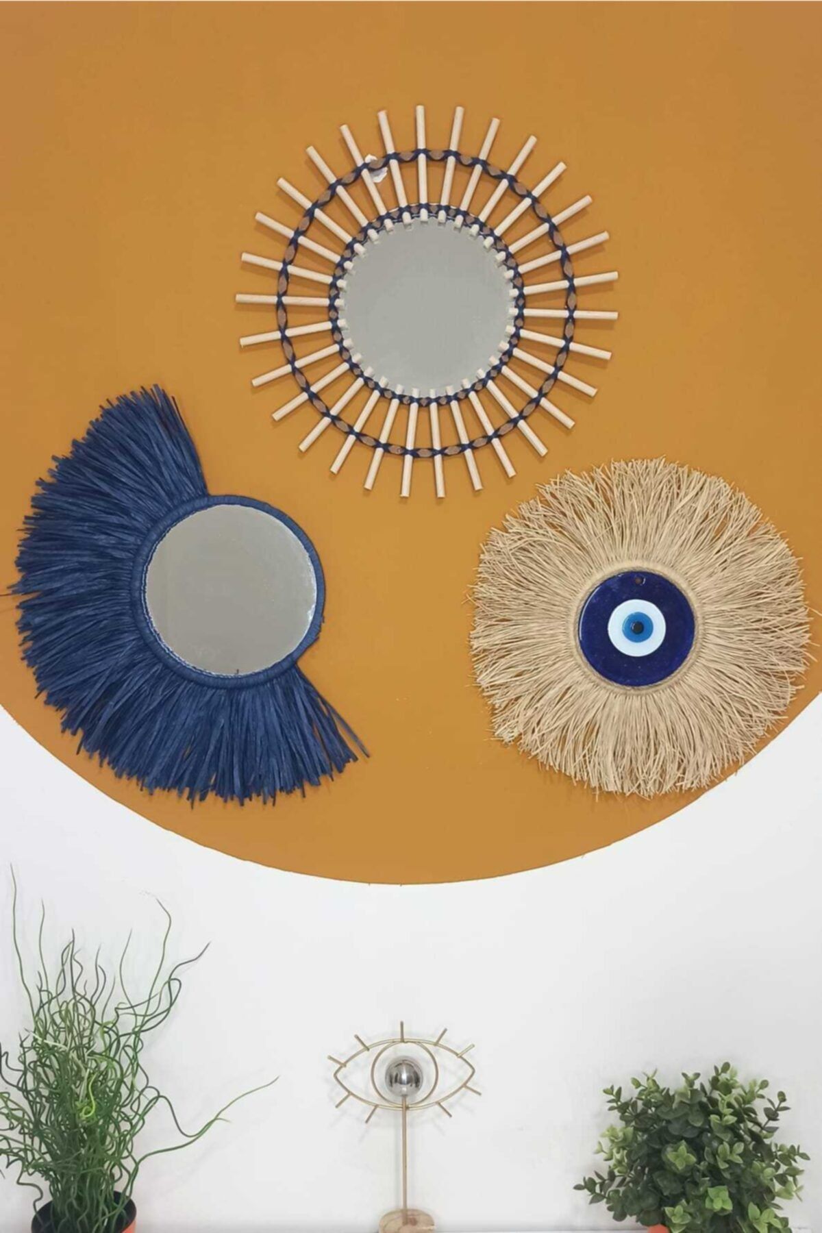 Bubihome Lacivert Yelpaze & Bambu Çubuklu Ayna & Rafya Nazar Boncuğu Üçlü Set