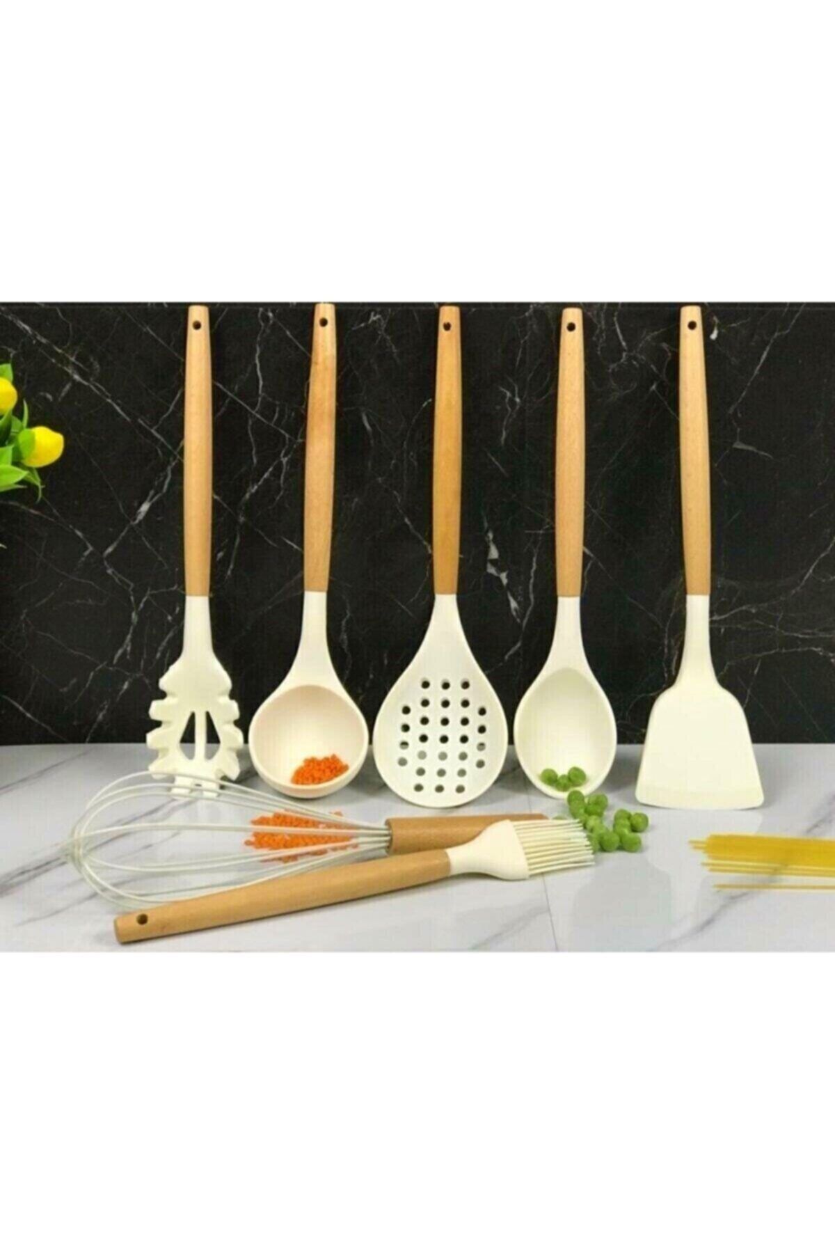 Genel Markalar 7'li Bambu Saplı Silikon Mutfak Seti Kaşık,kepçe,kevgir,spatula,spagetti Kaşığı,çırpıcı,fırça