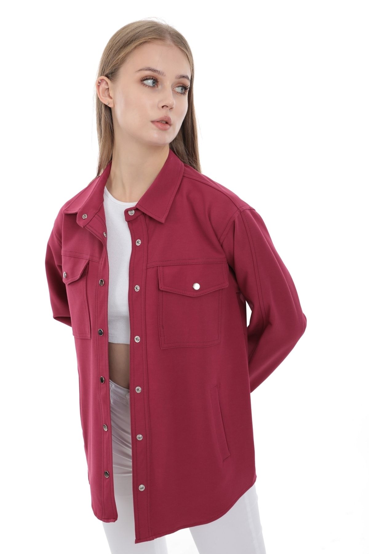 MD trend Kadın Fuşya Cepli Çıtçıt Kapamalı Oversize Gömlek Ceket