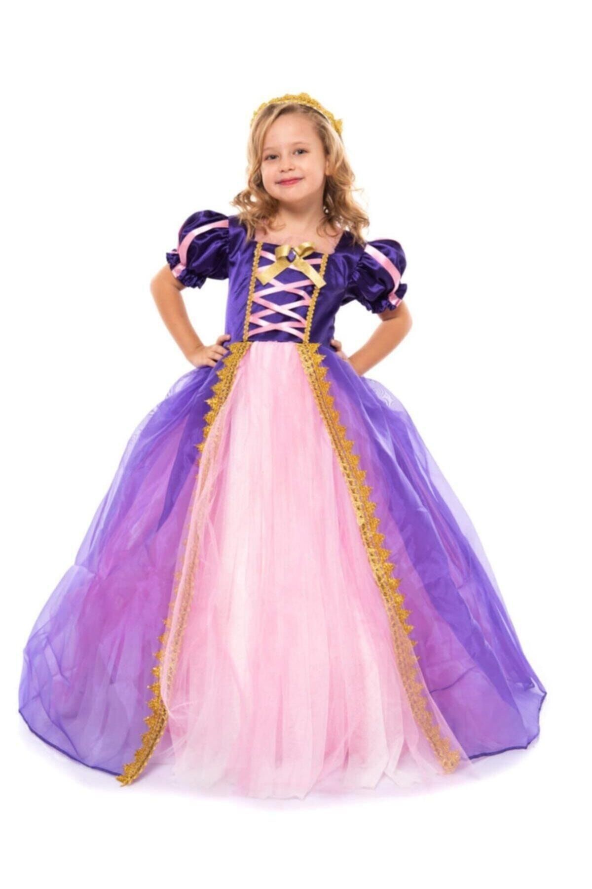 PeoniaKids Rapunzel Kız Çocuk Elbise Taçlı Pelerinli Tarlatanlı Rapunzel Kostüm Disney Kostüm