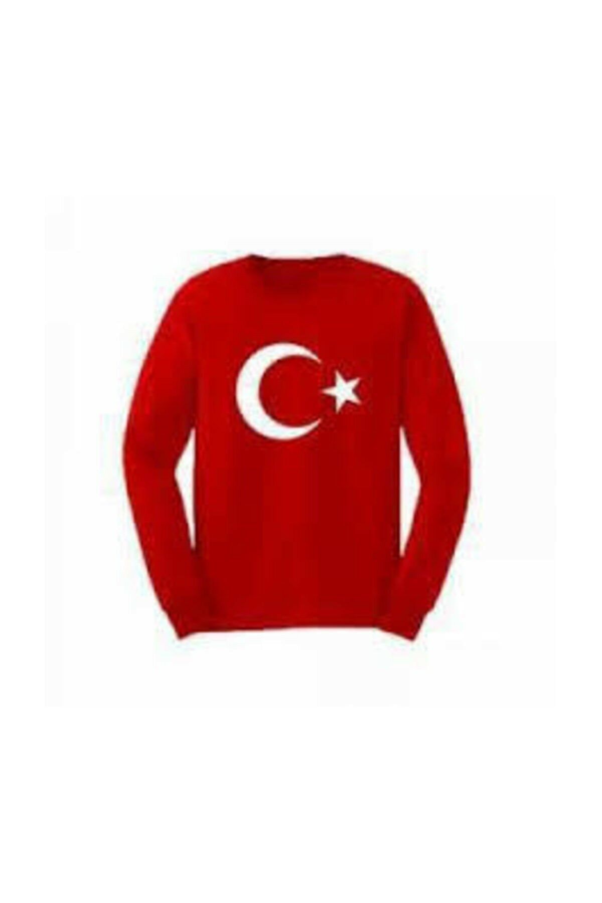 Dragora Unısex Çocuk Ay Yıldızlı Bayrak Baskılı Likralı Süper Compac Penye Badi Kırmızı T-shirt