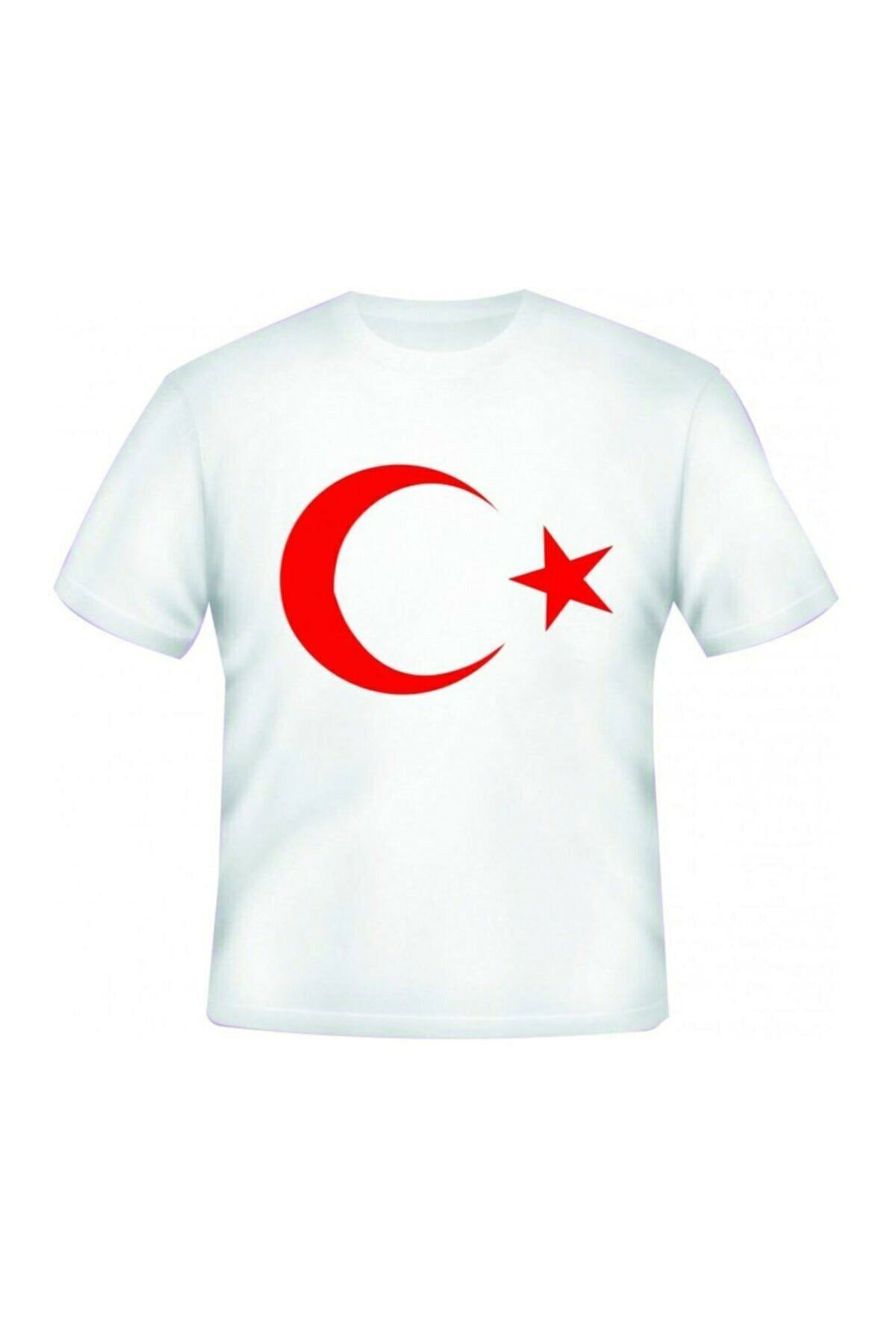 Dragora Unısex Çocuk Ay Yıldızlı Bayrak Baskılı Likralı Süper Compac Penye Beyaz T-shirt