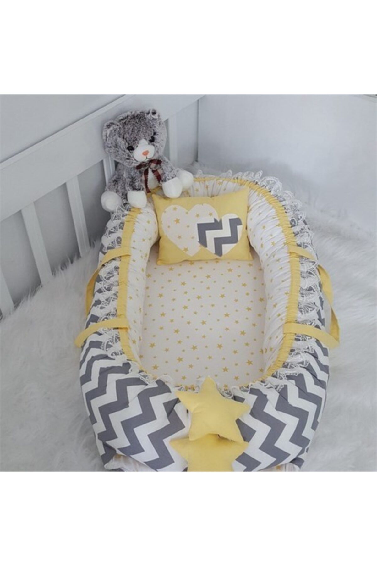 Jaju Baby Nest Gri Zigzag Ve Sarı Yıldız Kombin Lüx Jaju-babynest Anne Yanı Bebek Yatağı