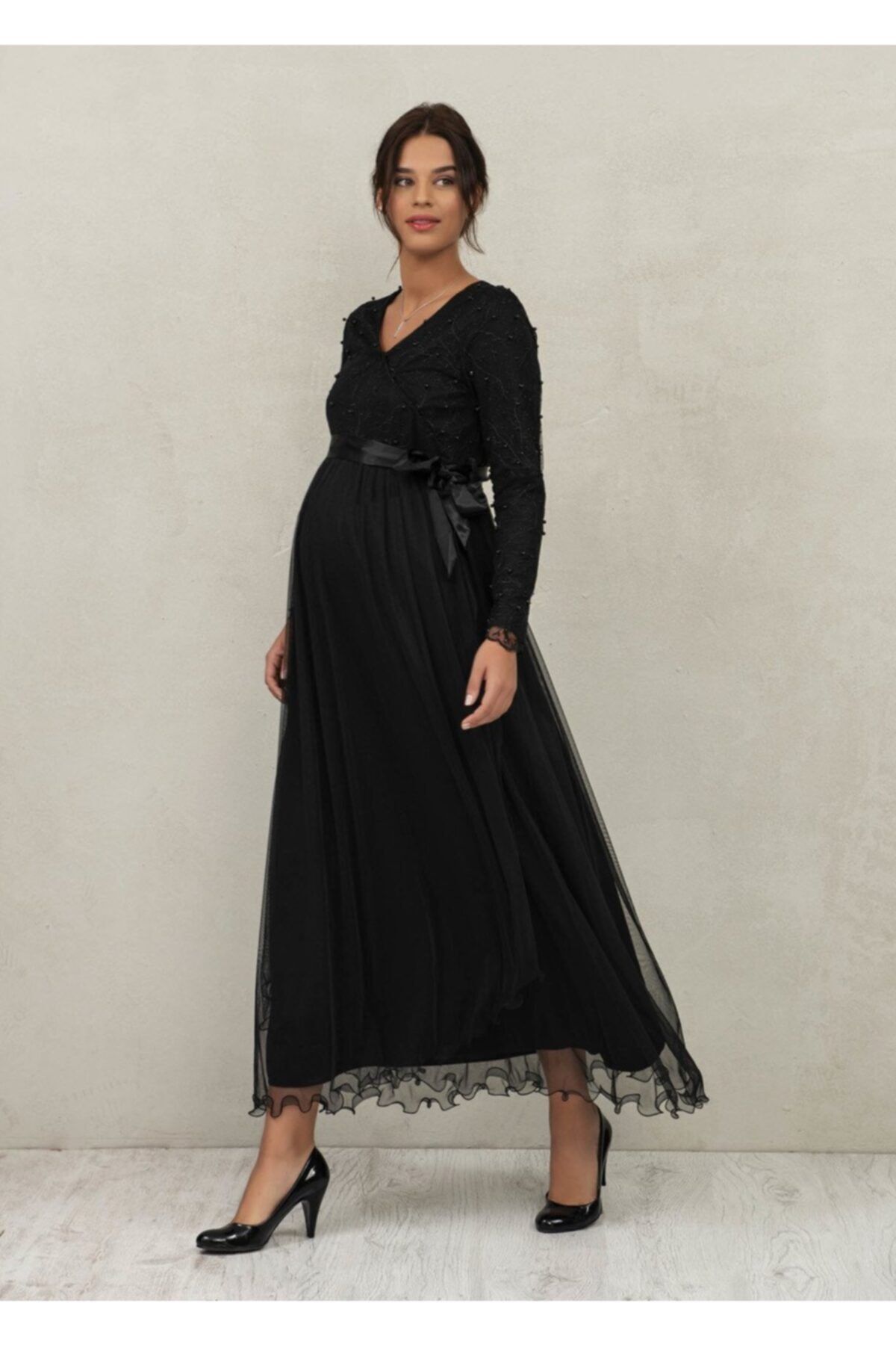 Even Fashion Hamile Giyim Kadın Inci Detaylı Tül Uzun Abiye Hamile Elbise