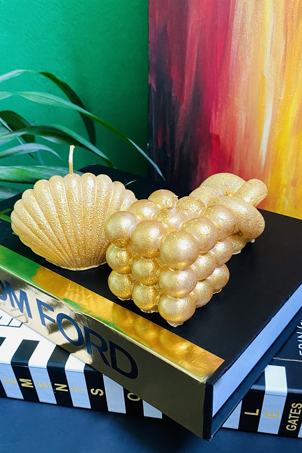 SANAT SEPET İŞLERİ Premium Gold Vanilya Kokulu Bubble & Istiridye Hediyelik Dekoratif Mum - 3'lü Set