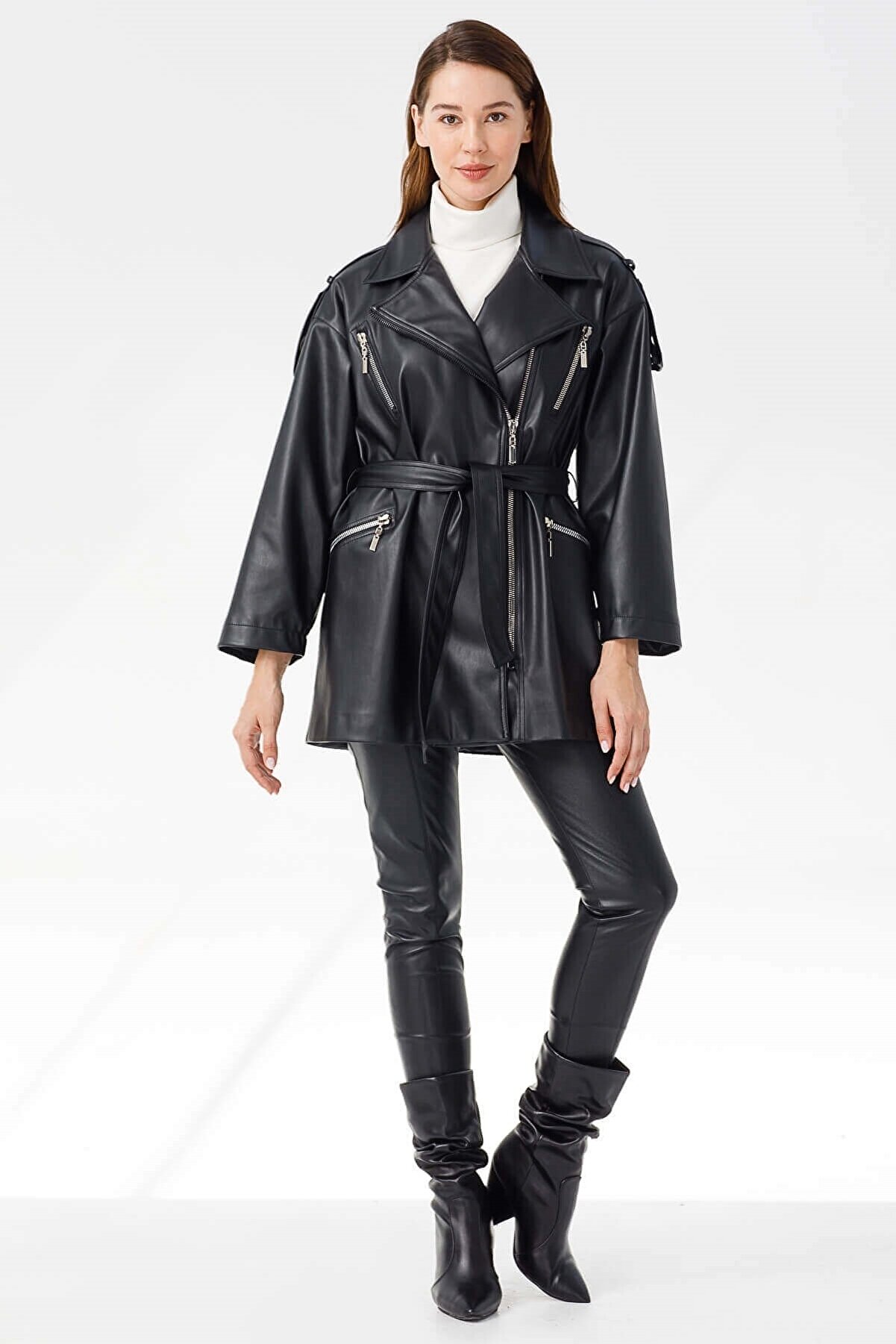 Moda İlgi Modailgi Oversize Kruvaze Deri Ceket Siyah